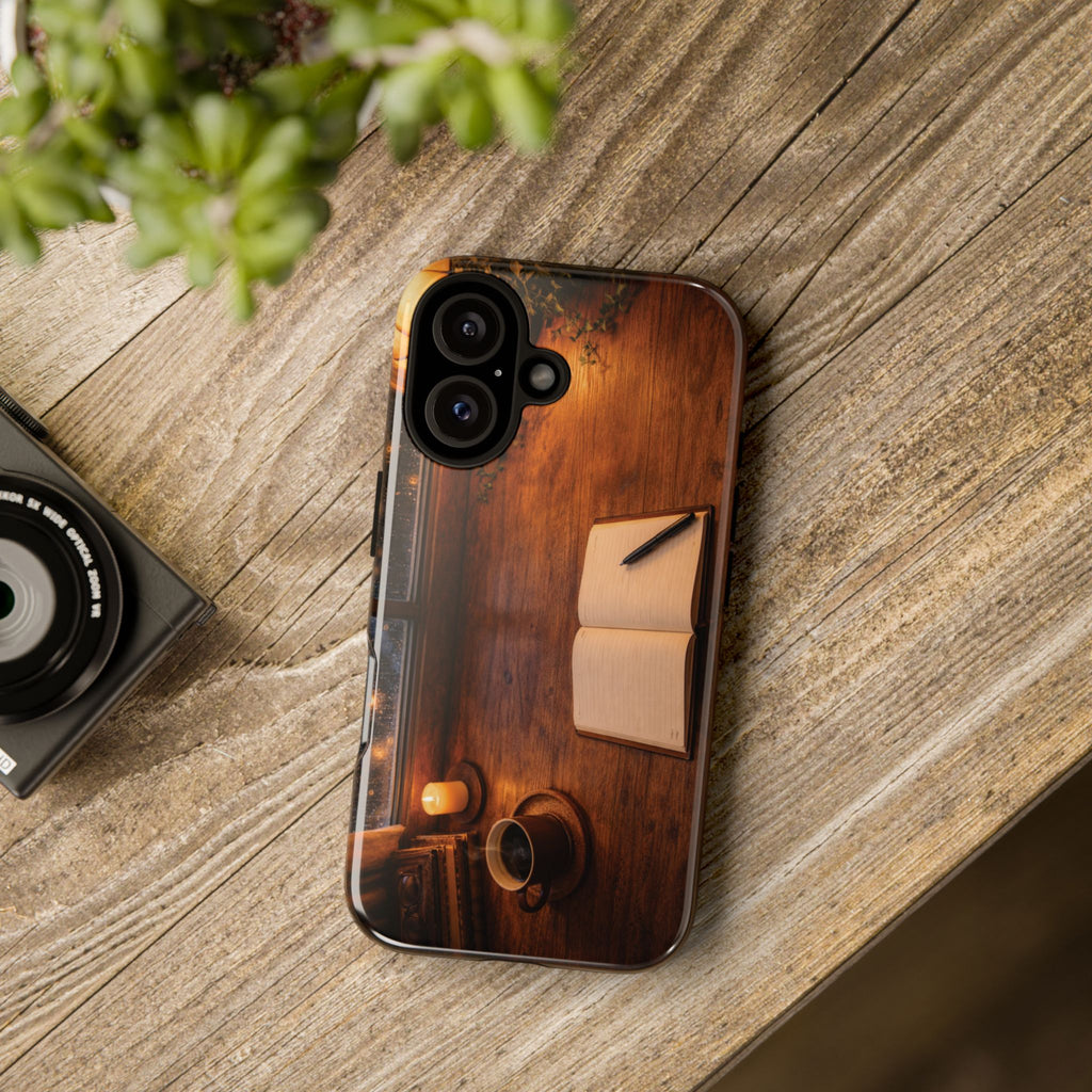 Cozy Writer’s Desk Phone Case — Cozy Notebook & Coffee Woodgrain Design