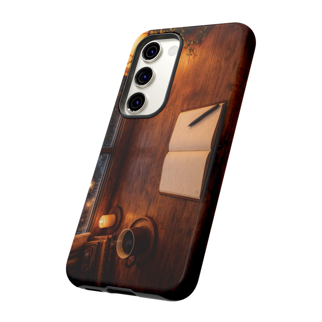Cozy Writer’s Desk Phone Case — Cozy Notebook & Coffee Woodgrain Design