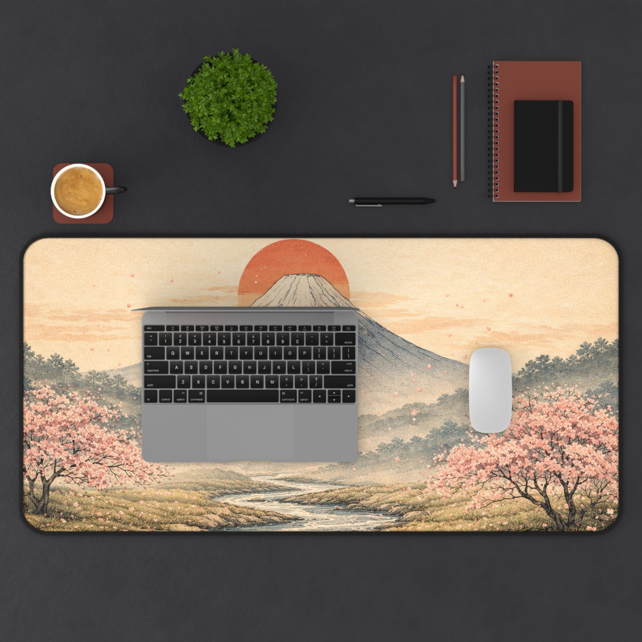 Japanese Ukiyo-e Desk Mat — Mountain, Red Sun & Cherry Blossoms