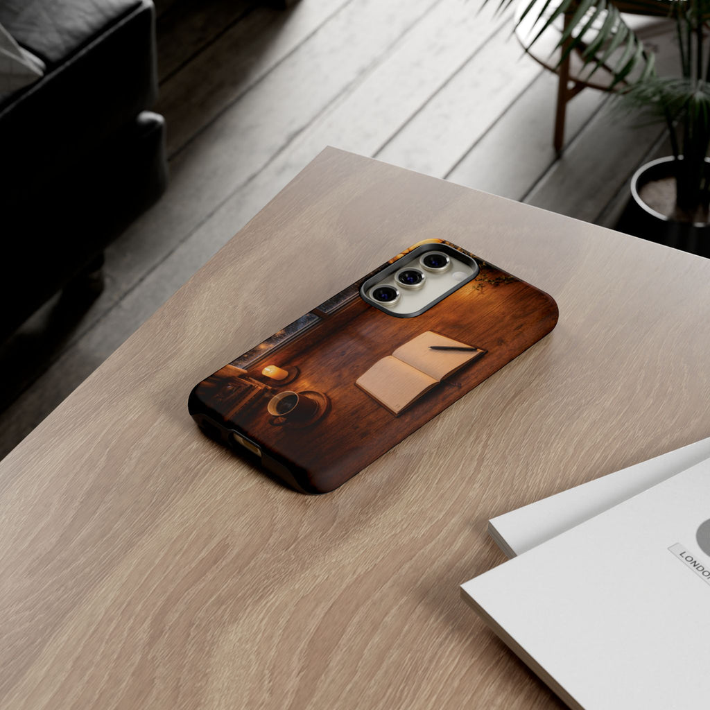 Cozy Writer’s Desk Phone Case — Cozy Notebook & Coffee Woodgrain Design