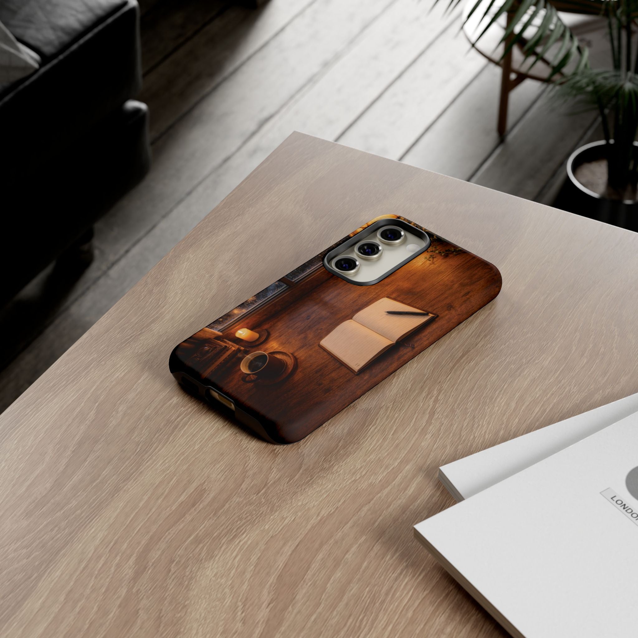 Cozy Writer’s Desk Phone Case — Cozy Notebook & Coffee Woodgrain Design