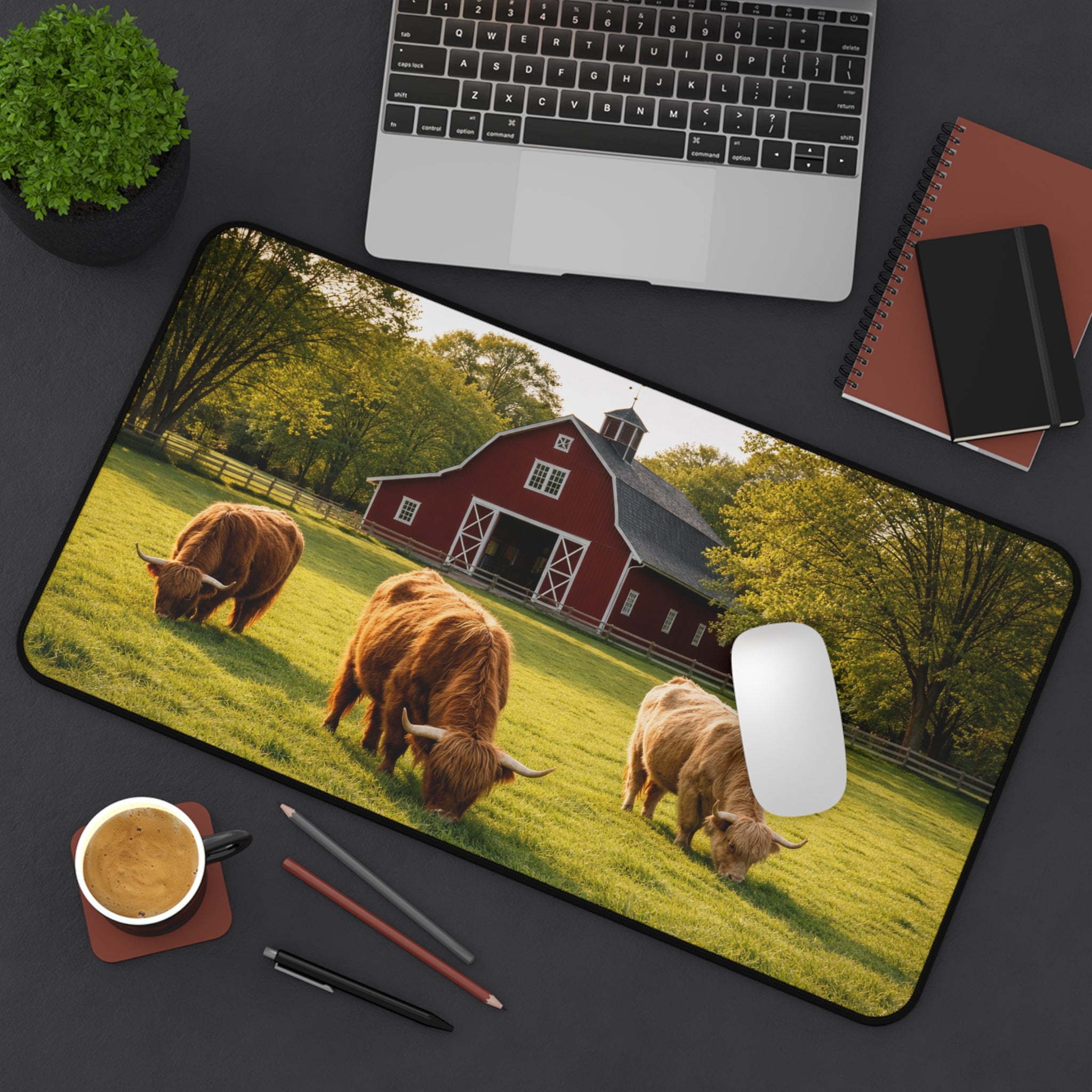 Golden Pasture Desk Mat — Highland Cattle & Red Barn Rustic Desk Pad