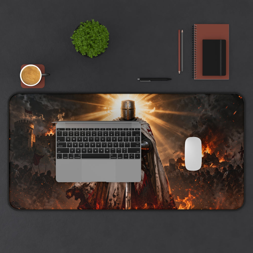 Crusader Flame Desk Mat — Battle-Scarred Gamer Mousepad
