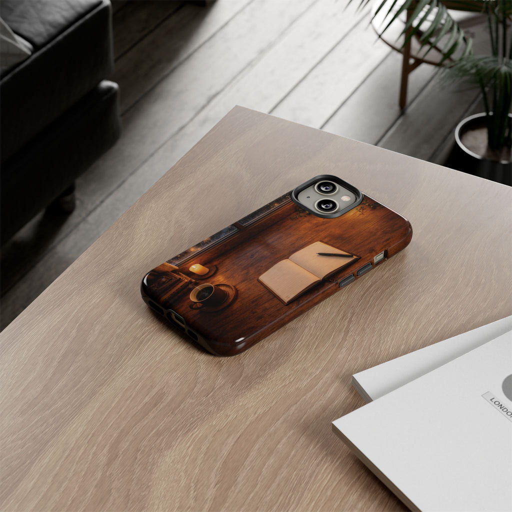 Cozy Writer’s Desk Phone Case — Cozy Notebook & Coffee Woodgrain Design