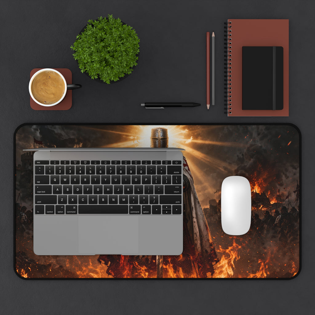 Crusader Flame Desk Mat — Battle-Scarred Gamer Mousepad