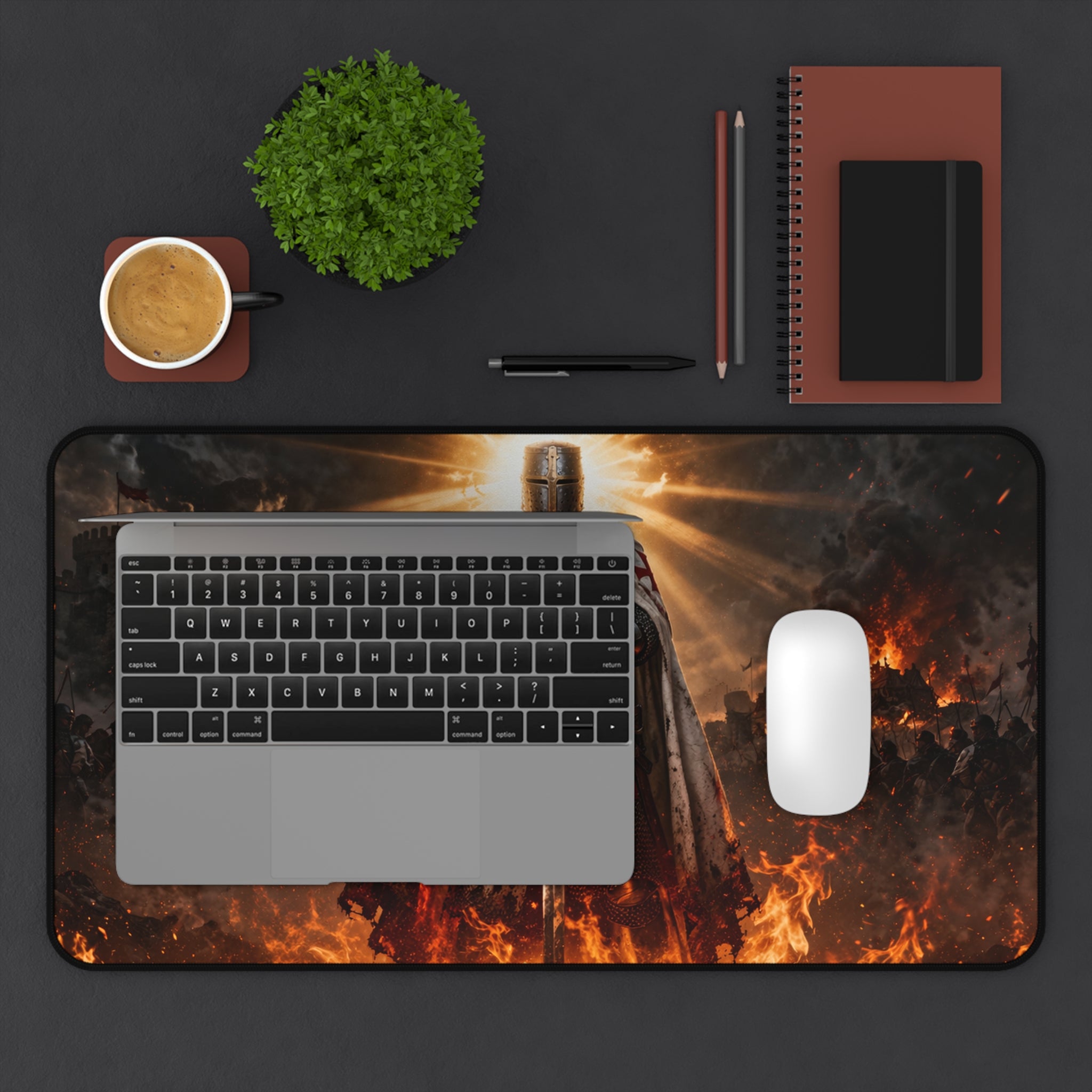 Crusader Flame Desk Mat — Battle-Scarred Gamer Mousepad