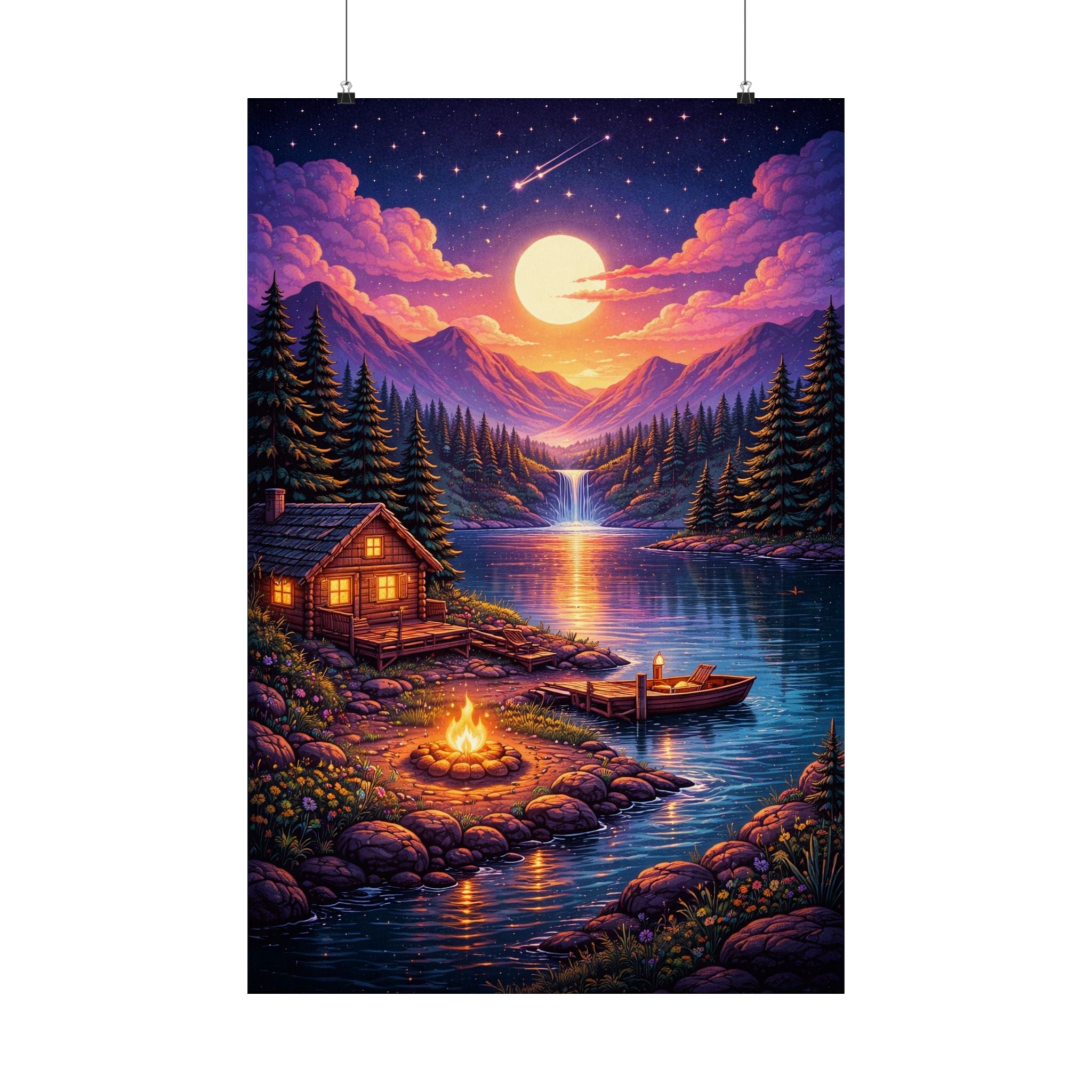 Sunset Cabin Lake Poster Mountain Landscape Wall Art Cozy Cabin Print Nature Sunset Art Rustic Wall Decor Forest Lake Matte Vertical Print