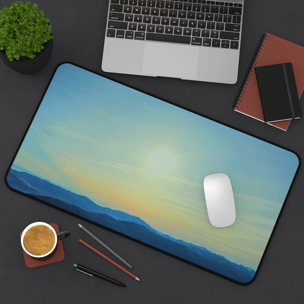 Whiteface Mountain Horizon Desk Mat — Fading Blue Peaks with Orange Sunrise