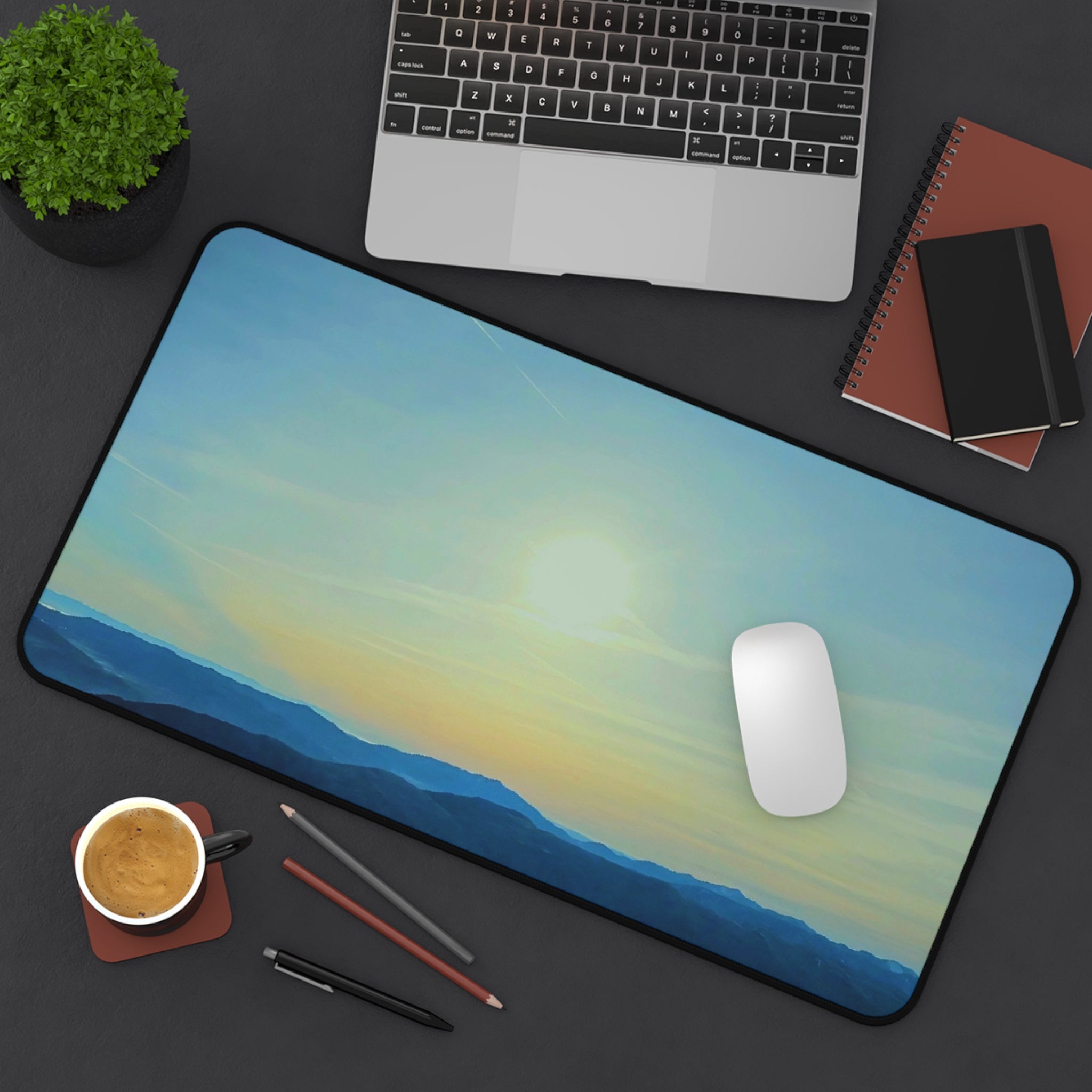 Whiteface Mountain Horizon Desk Mat — Fading Blue Peaks with Orange Sunrise