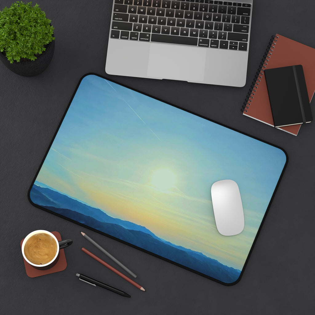 Whiteface Mountain Horizon Desk Mat — Fading Blue Peaks with Orange Sunrise