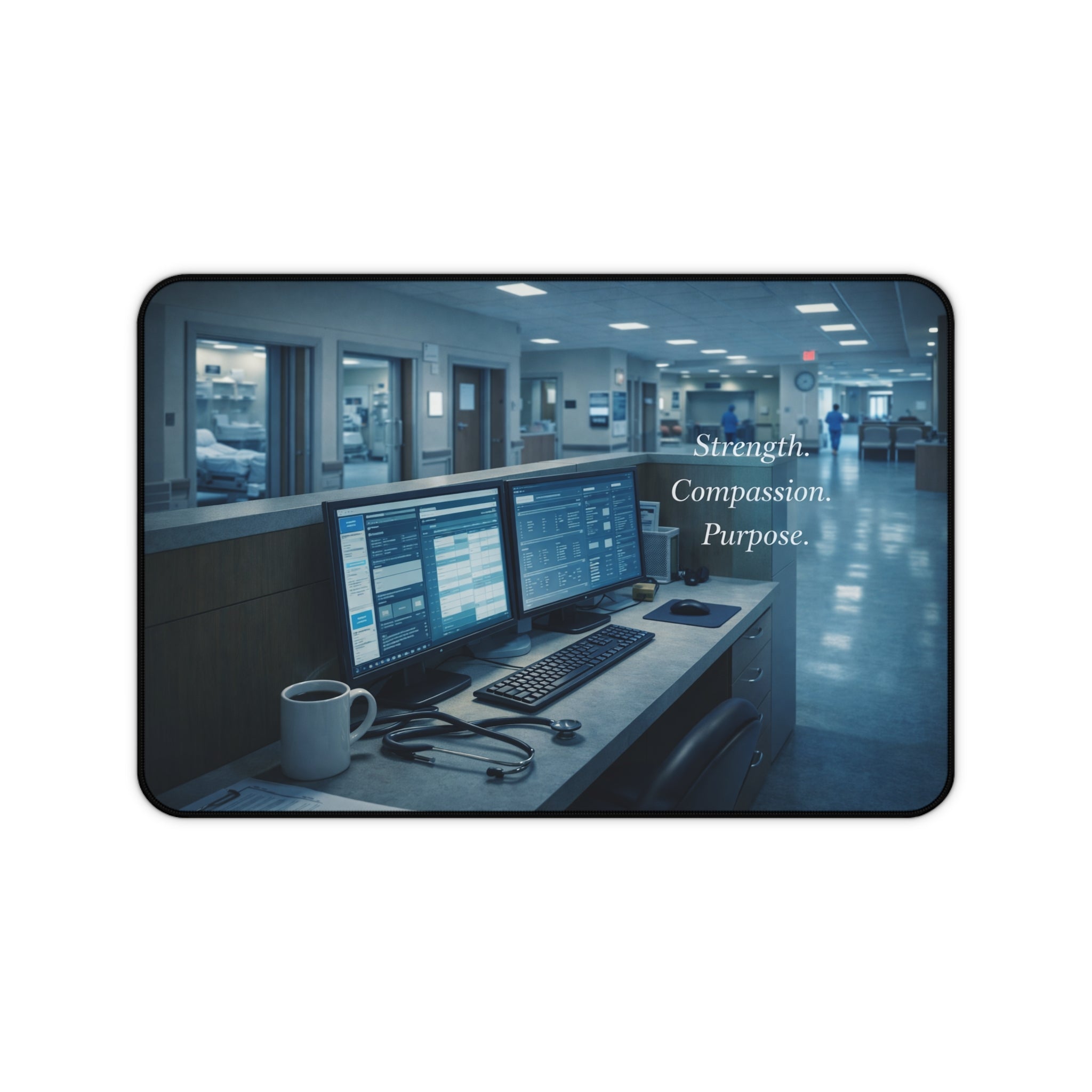 Nurse’s Station Desk Mat — "Strength. Compassion. Purpose."