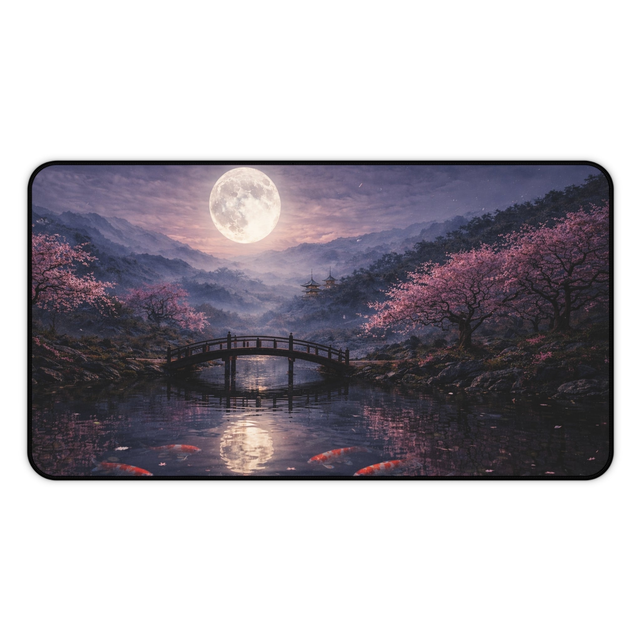 Moonlit Cherry Blossom Desk Mat, Japanese Koi Pond Mouse Pad, Sakura Bridge Night Scene, Aesthetic Gaming Desk Mat, Large Extended Mousepad