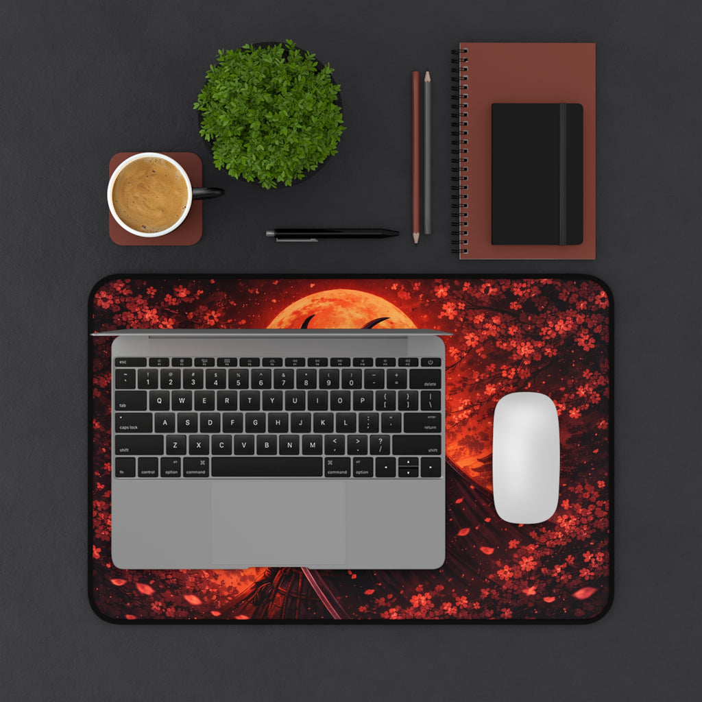 Samurai Crimson Moon Desk Mat — Cherry Blossom Silhouette Mousepad