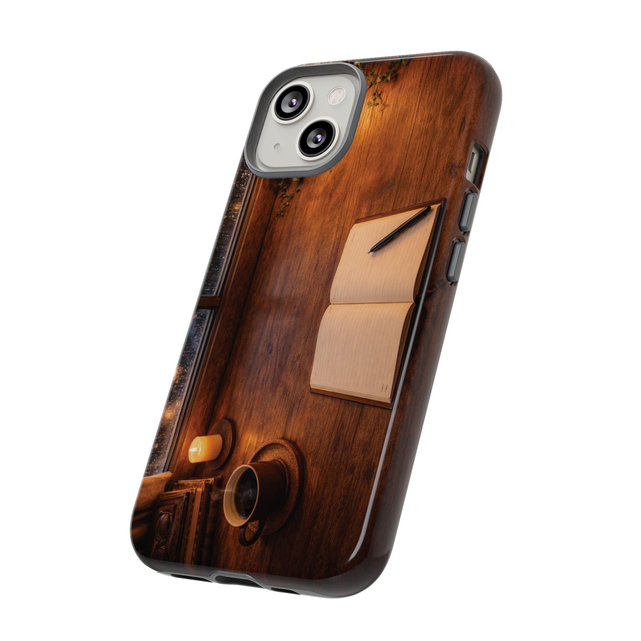 Cozy Writer’s Desk Phone Case — Cozy Notebook & Coffee Woodgrain Design
