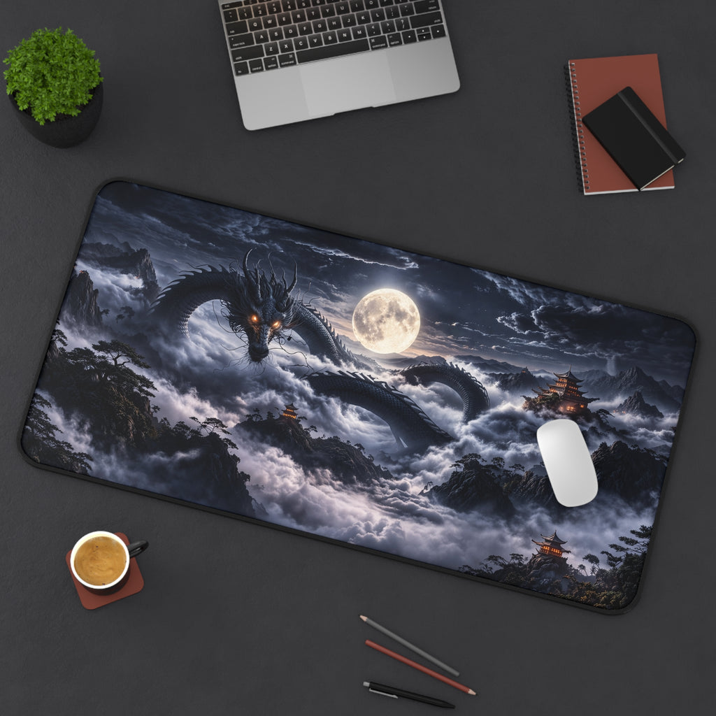 Moonlit Black Dragon Desk Mat XXL, Gaming Mouse Pad | Fantasy Japanese Dark Aesthetic