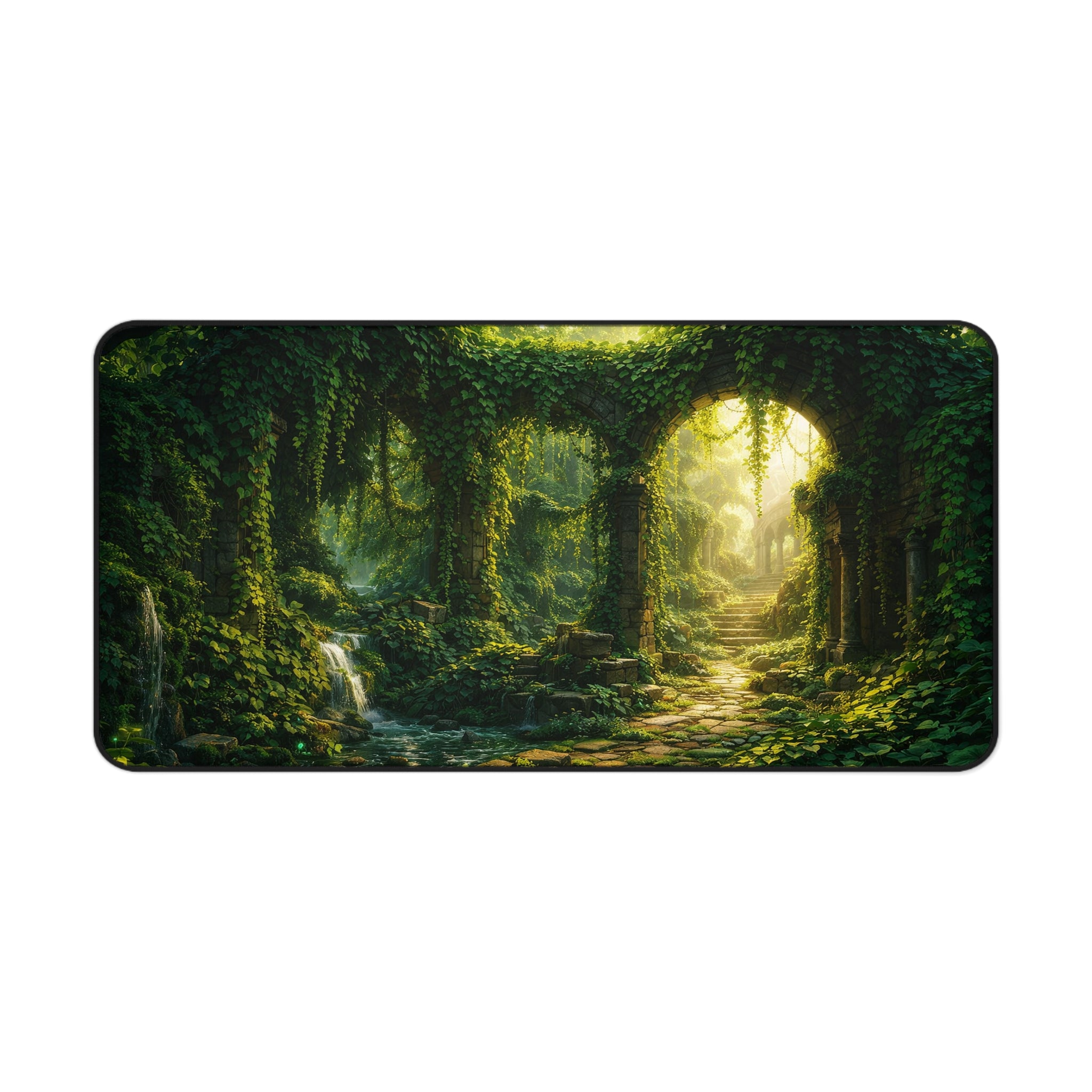Ivy-Covered Ancient Ruins Desk Mat — Golden Sunlight Overgrown Ruins Desk Mat