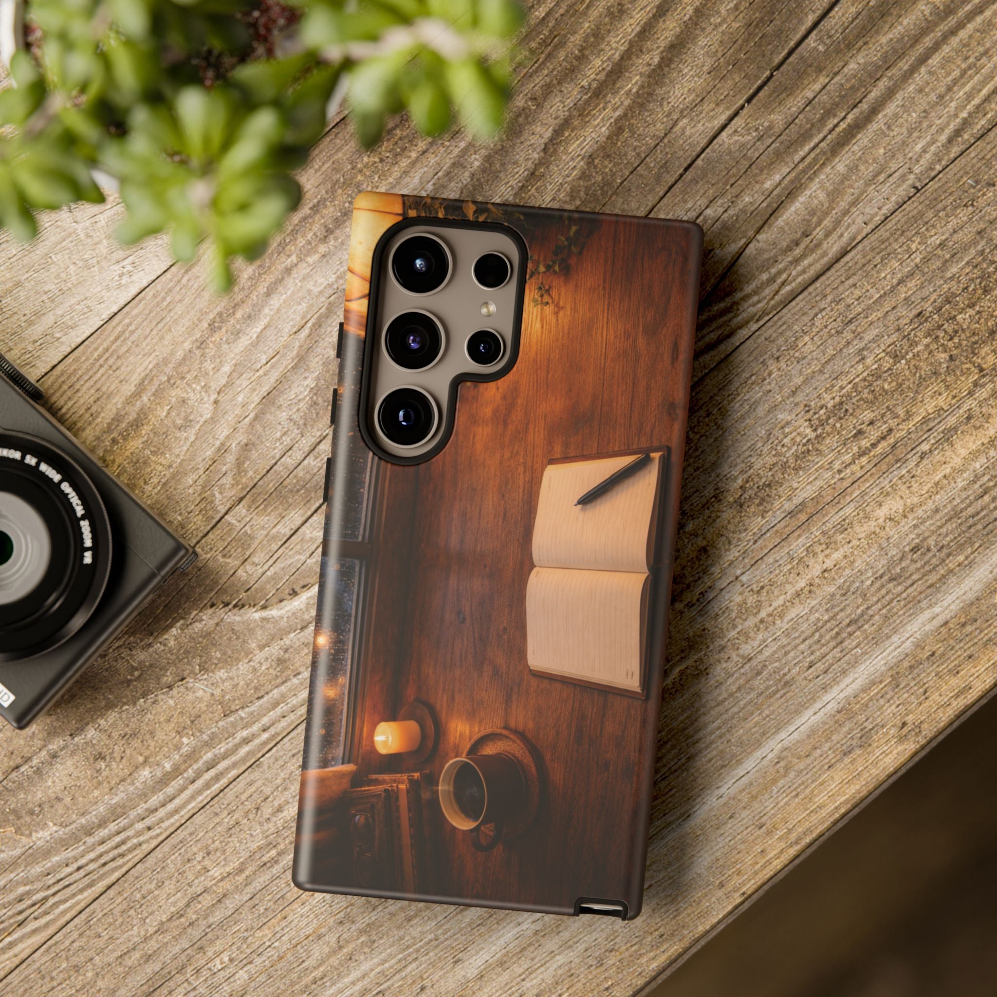 Cozy Writer’s Desk Phone Case — Cozy Notebook & Coffee Woodgrain Design