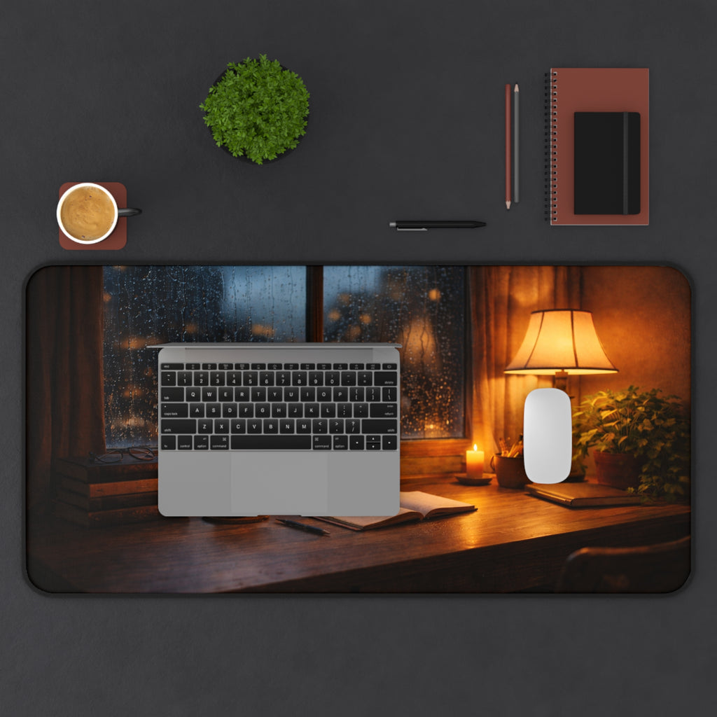 Cozy Rainy Night Desk Mat — Lamplight, Books & Coffee Aesthetic