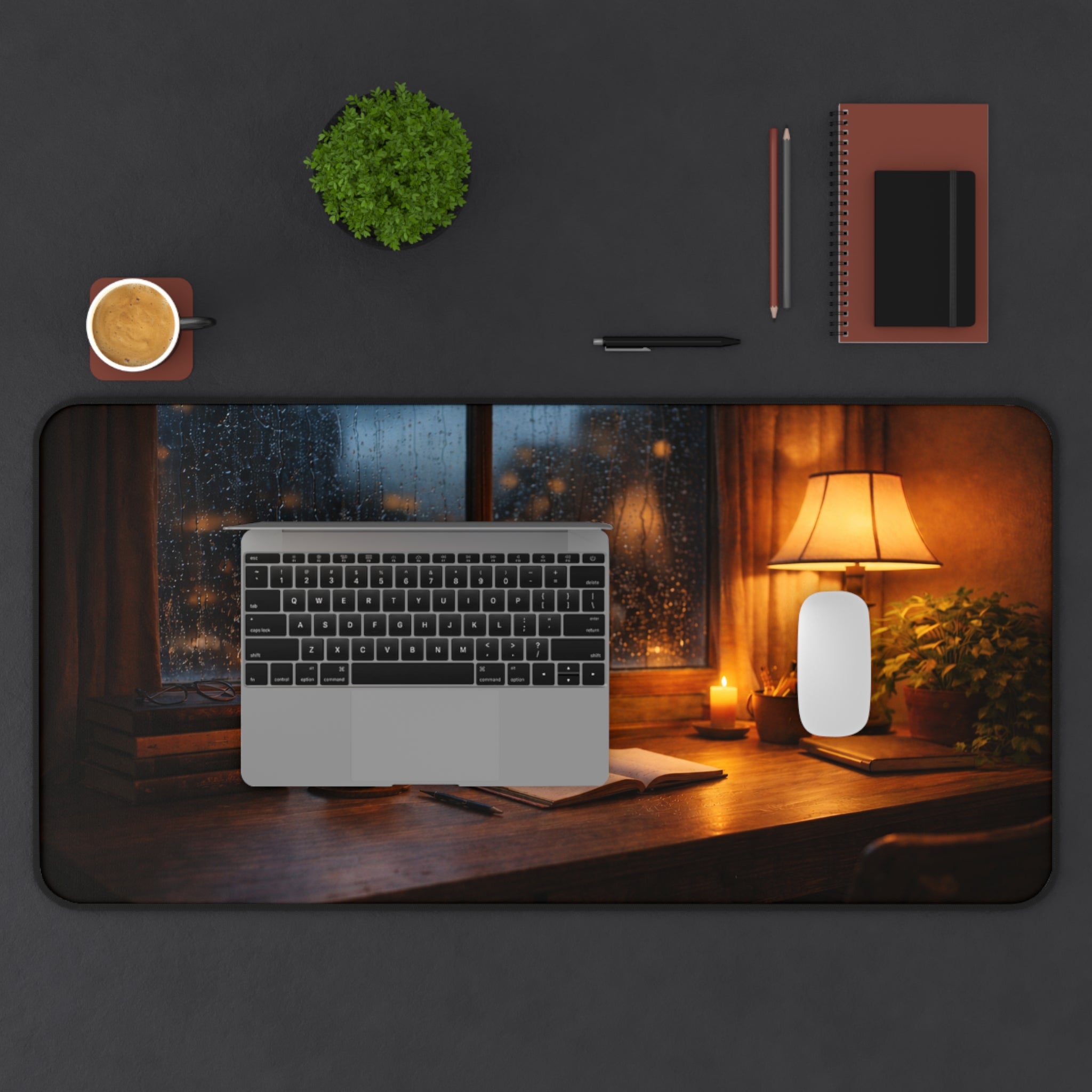Cozy Rainy Night Desk Mat — Lamplight, Books & Coffee Aesthetic