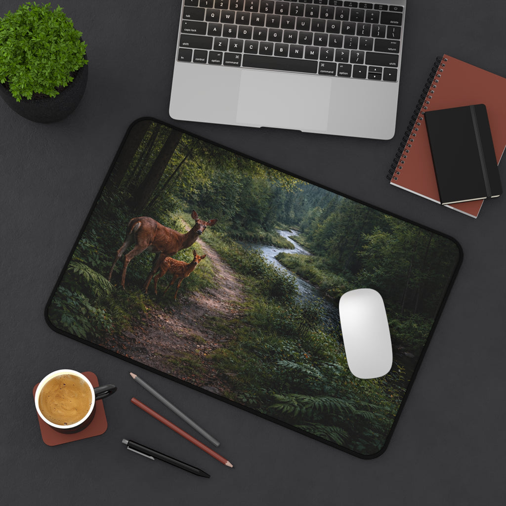 Forest Path Mouse Pad Desk Mat — Deer & Fawn Woodland Scene