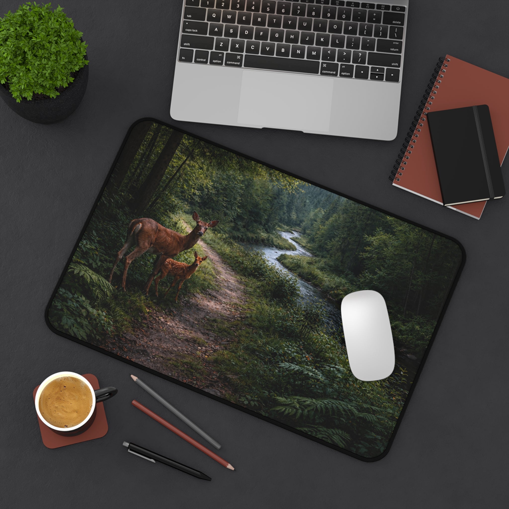 Forest Path Mouse Pad Desk Mat — Deer & Fawn Woodland Scene