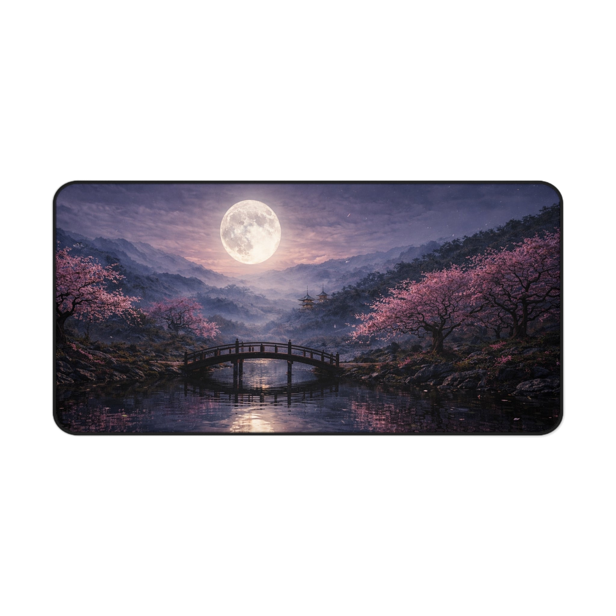 Moonlit Cherry Blossom Desk Mat, Japanese Koi Pond Mouse Pad, Sakura Bridge Night Scene, Aesthetic Gaming Desk Mat, Large Extended Mousepad