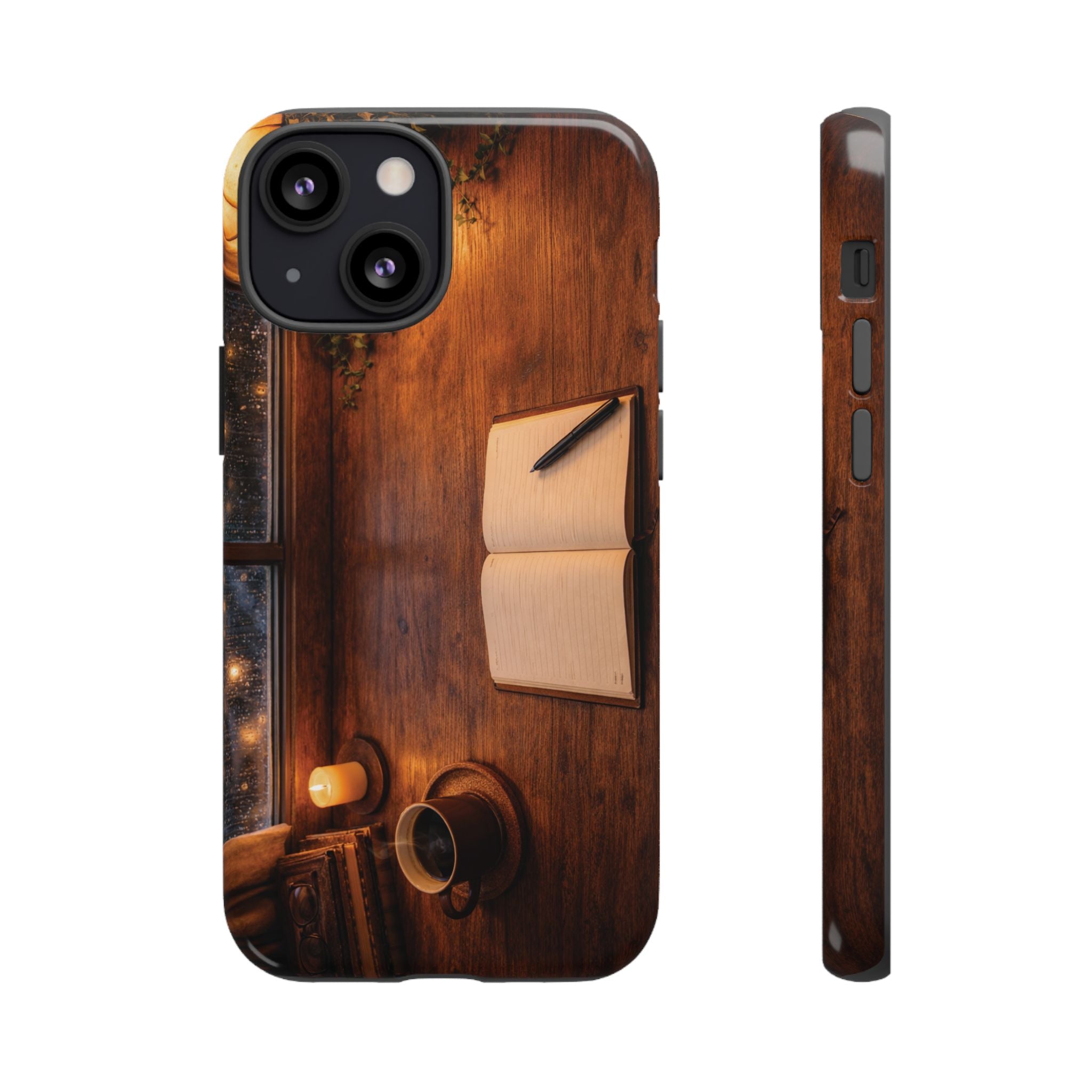 Cozy Writer’s Desk Phone Case — Cozy Notebook & Coffee Woodgrain Design