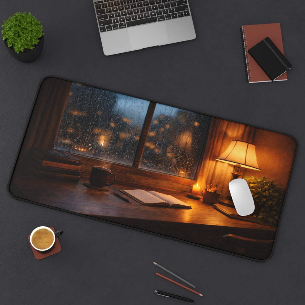 Cozy Rainy Night Desk Mat — Lamplight, Books & Coffee Aesthetic