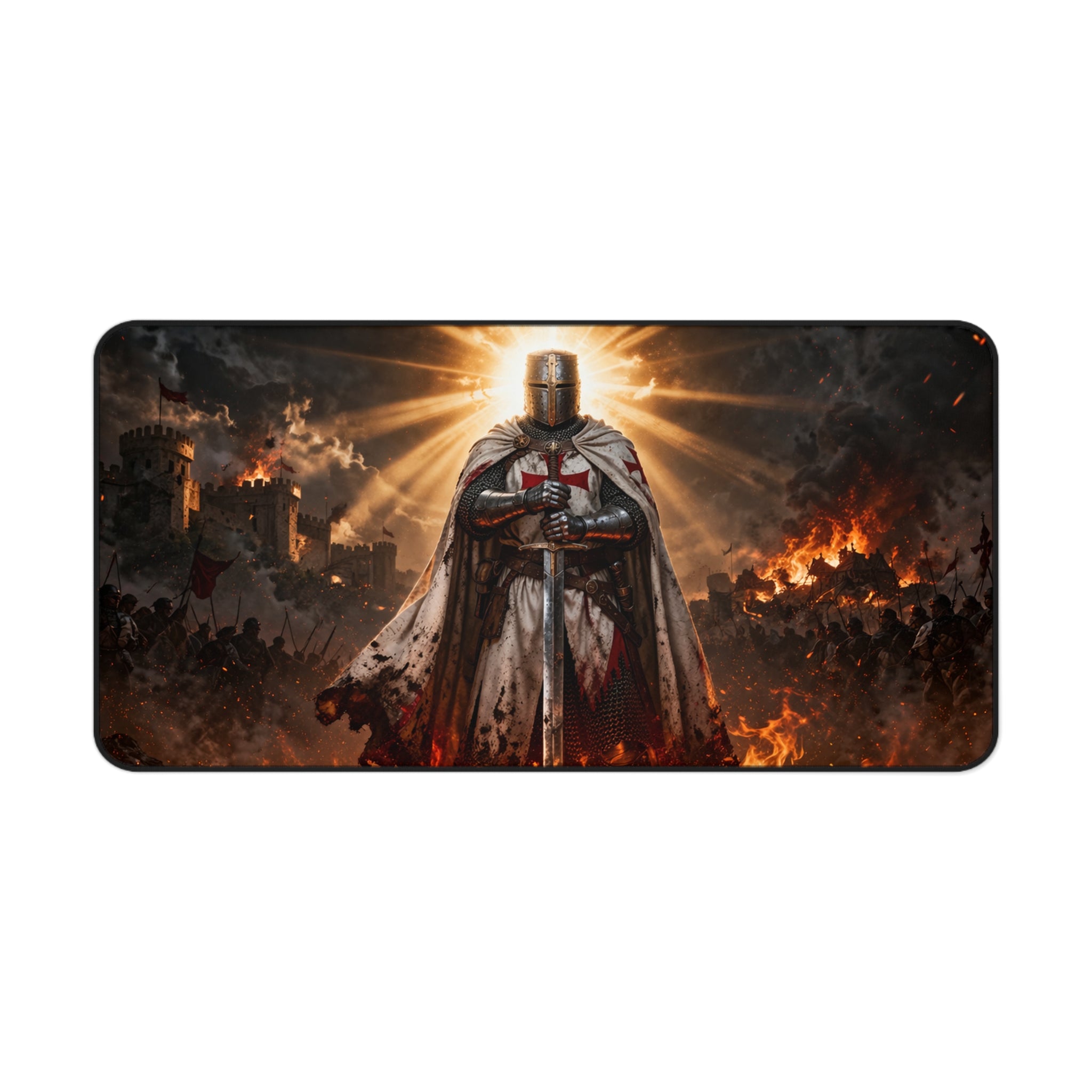 Crusader Flame Desk Mat — Battle-Scarred Gamer Mousepad