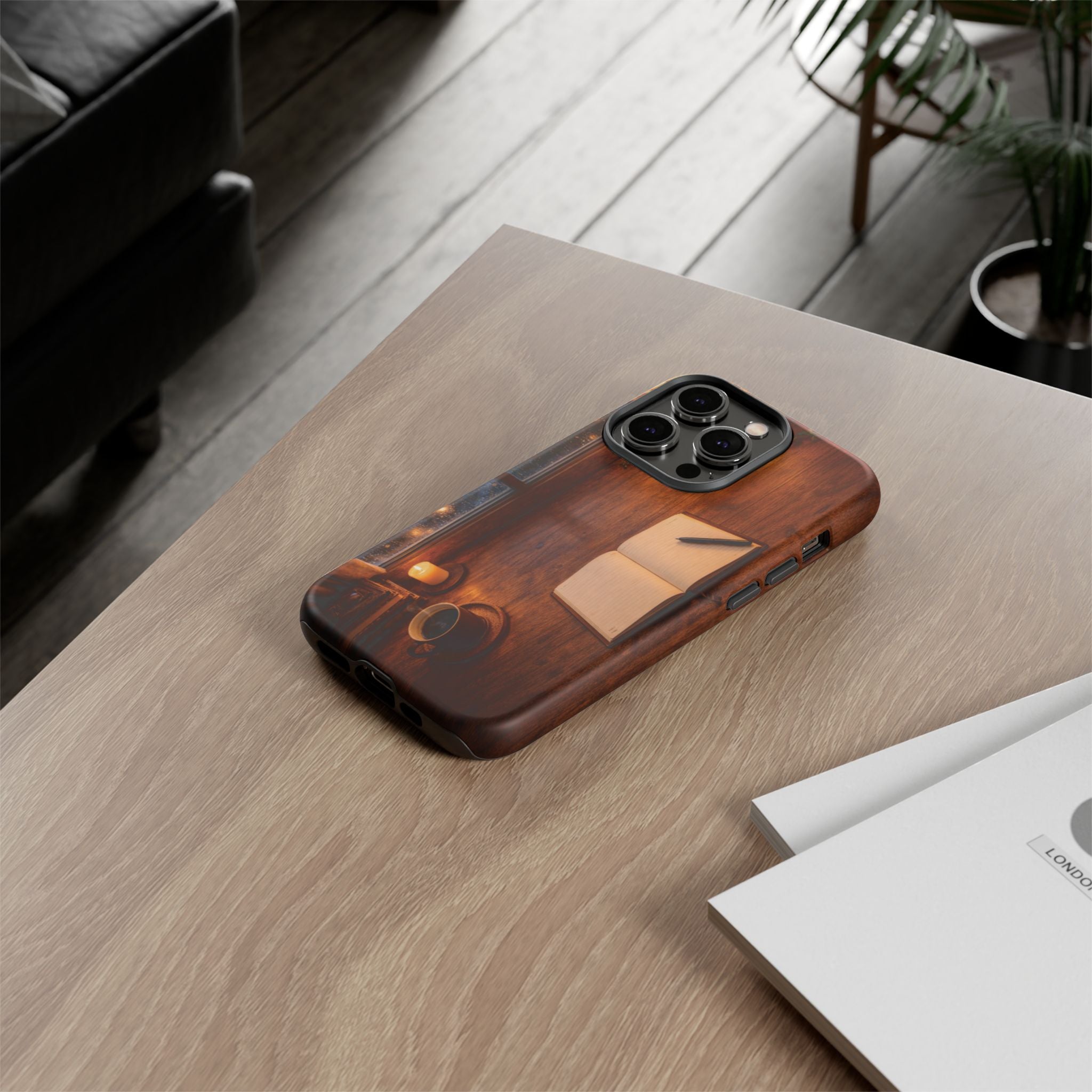 Cozy Writer’s Desk Phone Case — Cozy Notebook & Coffee Woodgrain Design