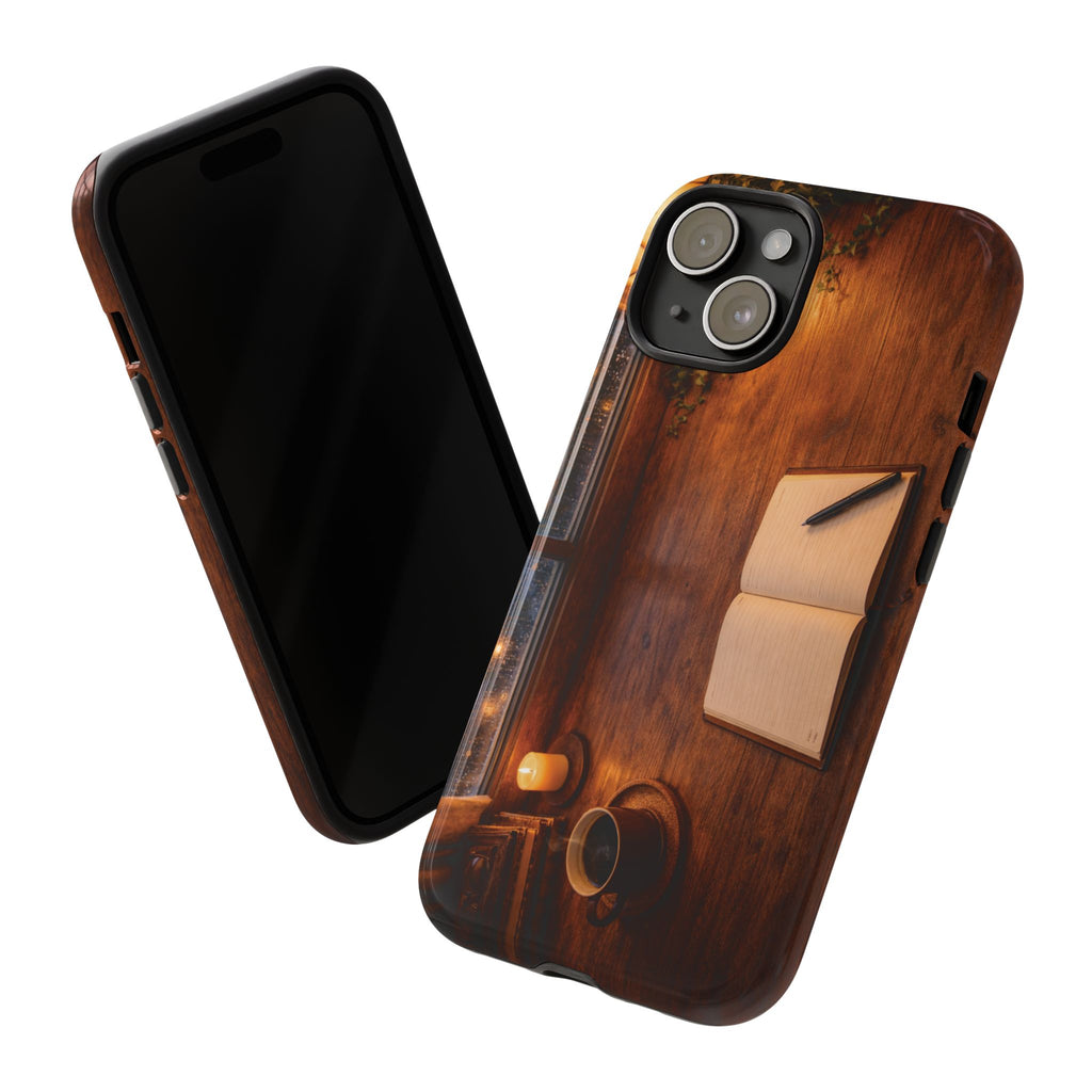 Cozy Writer’s Desk Phone Case — Cozy Notebook & Coffee Woodgrain Design