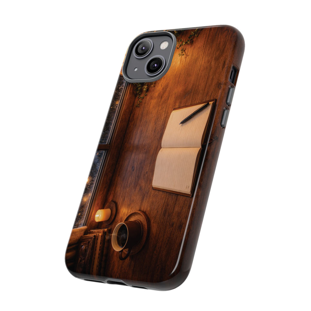 Cozy Writer’s Desk Phone Case — Cozy Notebook & Coffee Woodgrain Design