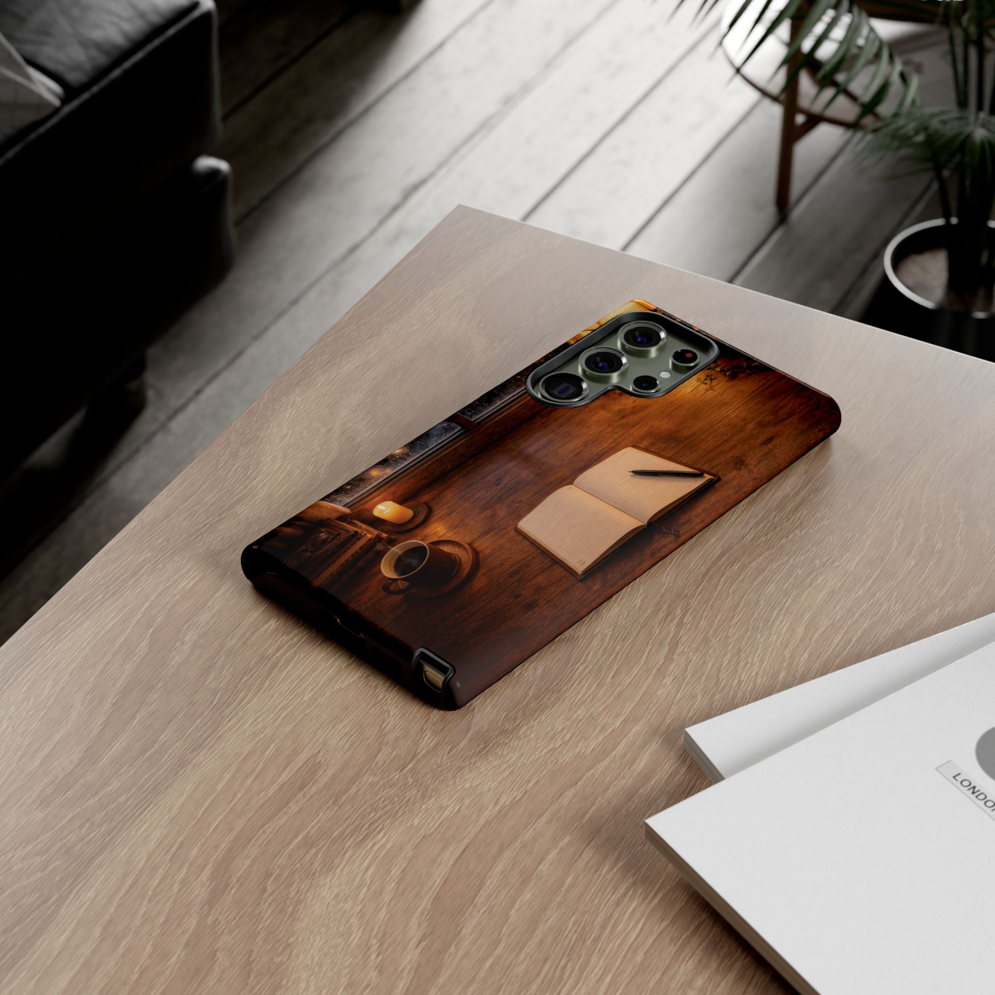Cozy Writer’s Desk Phone Case — Cozy Notebook & Coffee Woodgrain Design