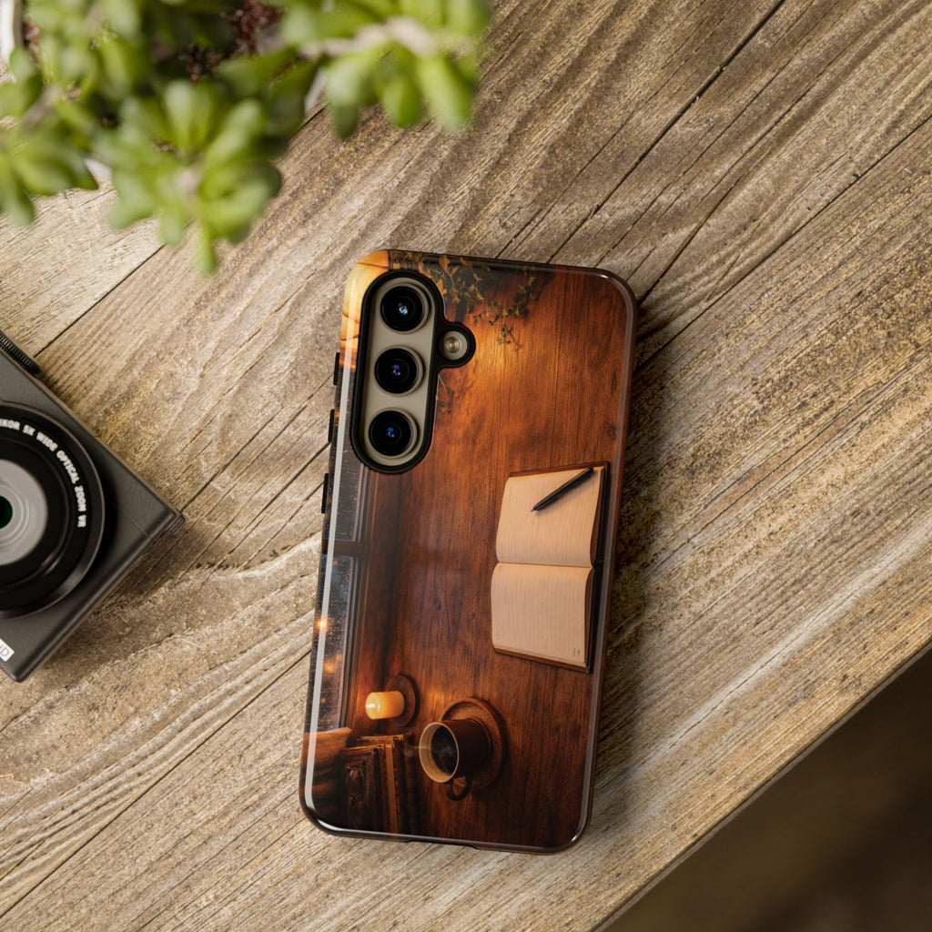 Cozy Writer’s Desk Phone Case — Cozy Notebook & Coffee Woodgrain Design