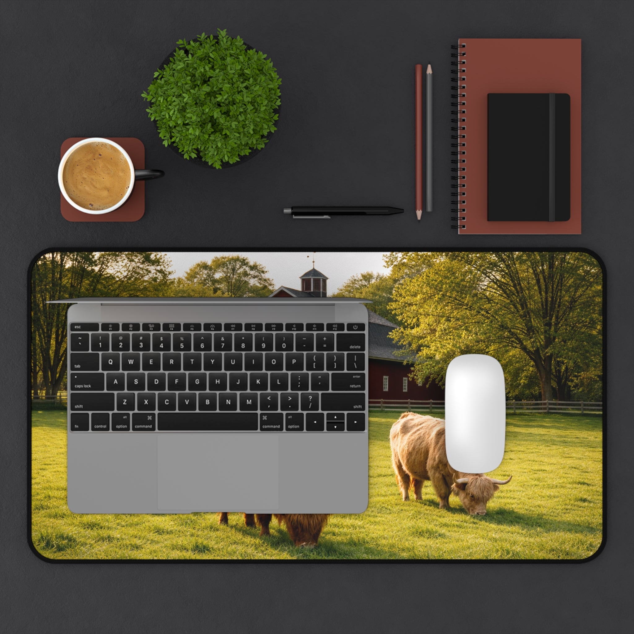 Golden Pasture Desk Mat — Highland Cattle & Red Barn Rustic Desk Pad