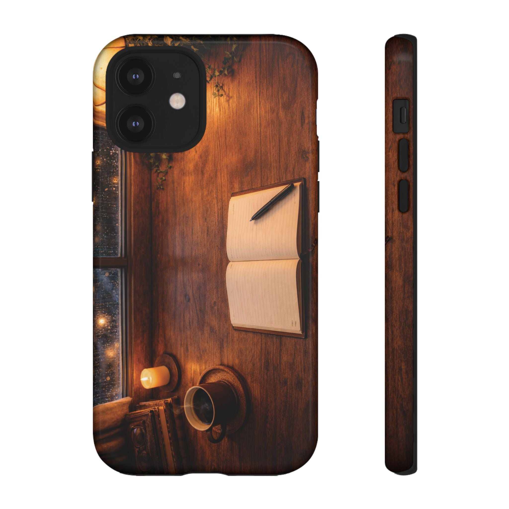 Cozy Writer’s Desk Phone Case — Cozy Notebook & Coffee Woodgrain Design