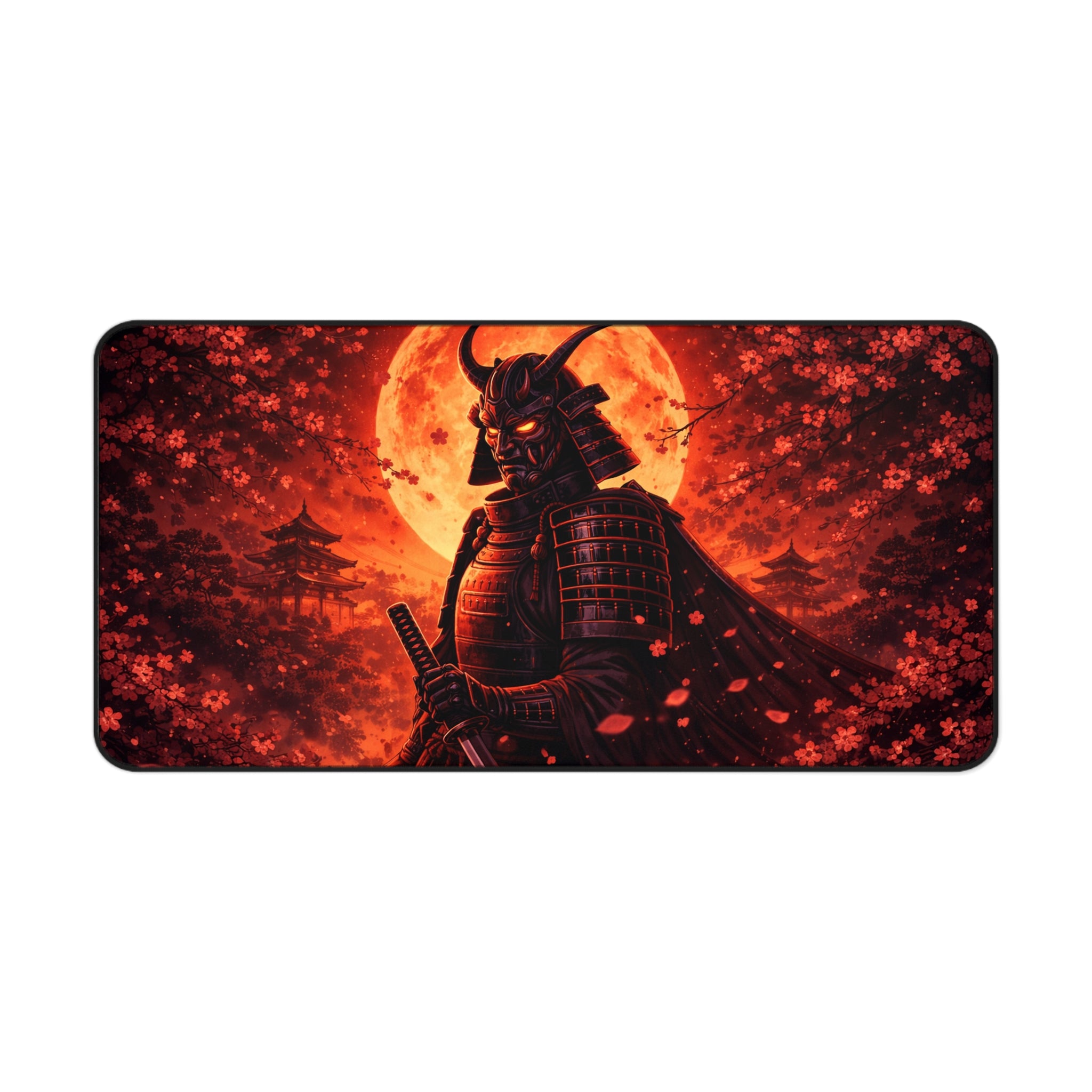 Samurai Crimson Moon Desk Mat — Cherry Blossom Silhouette Mousepad