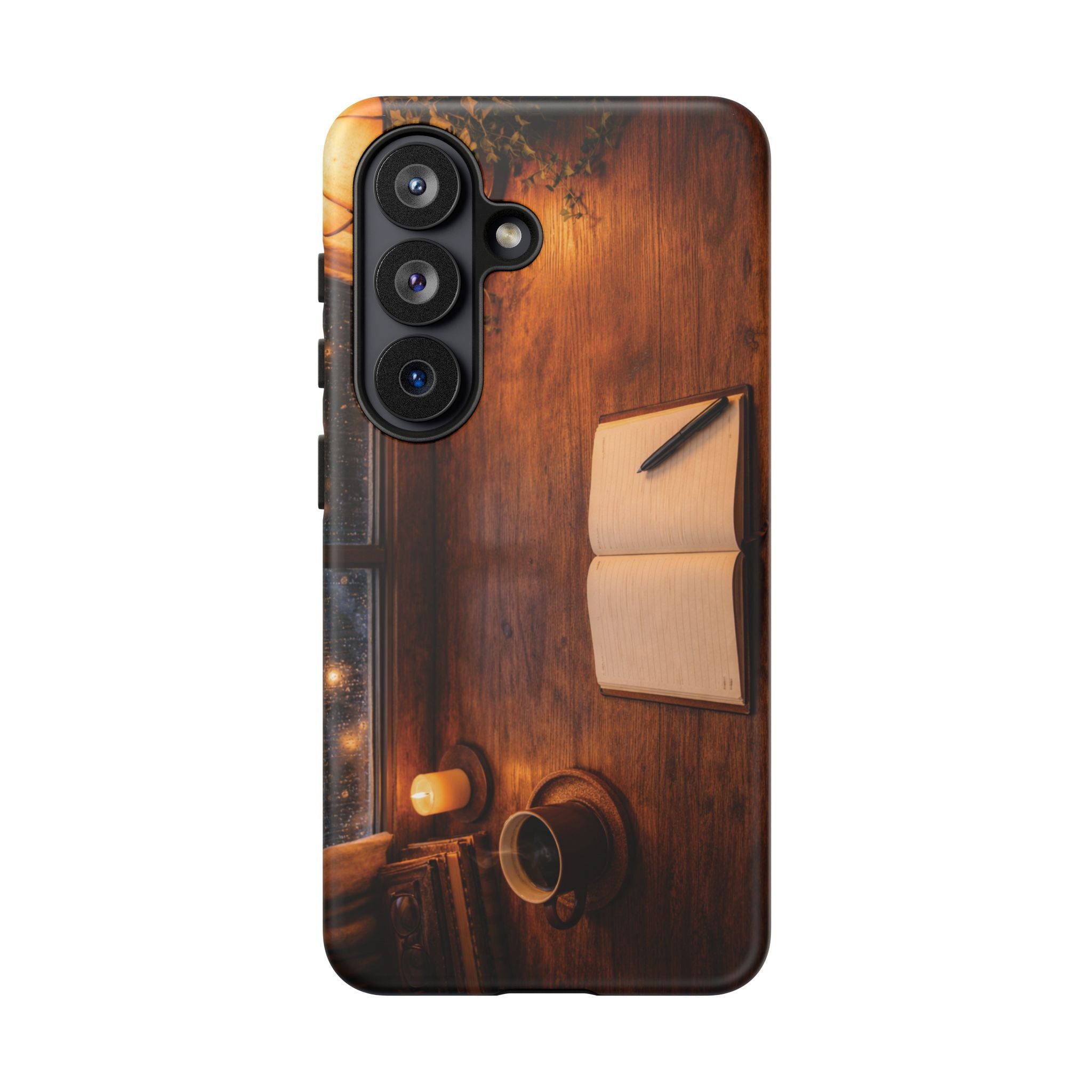 Cozy Writer’s Desk Phone Case — Cozy Notebook & Coffee Woodgrain Design