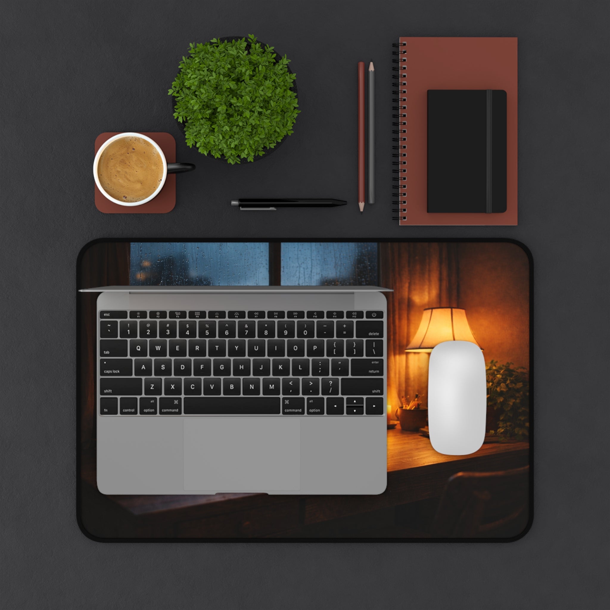Cozy Rainy Night Desk Mat — Lamplight, Books & Coffee Aesthetic