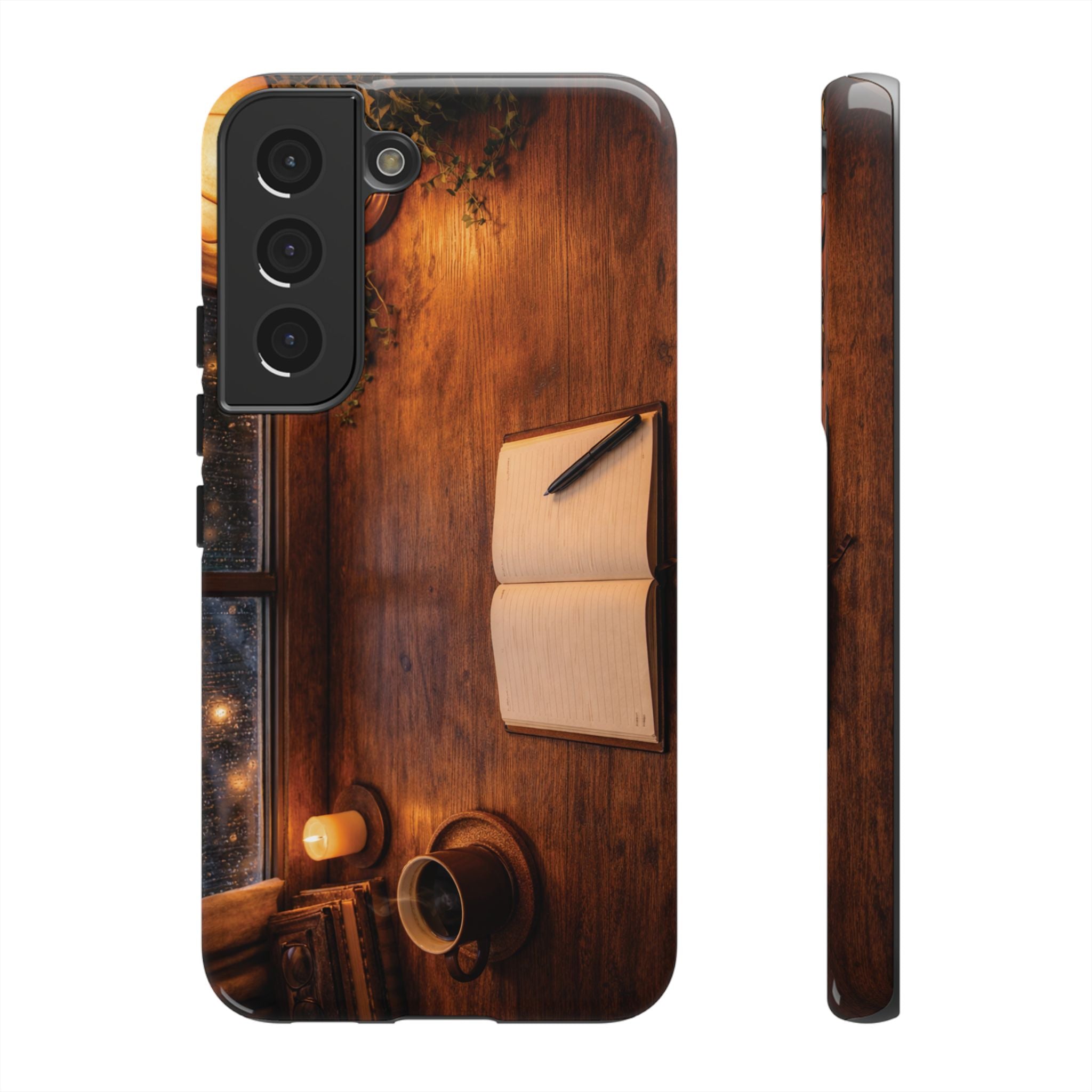 Cozy Writer’s Desk Phone Case — Cozy Notebook & Coffee Woodgrain Design