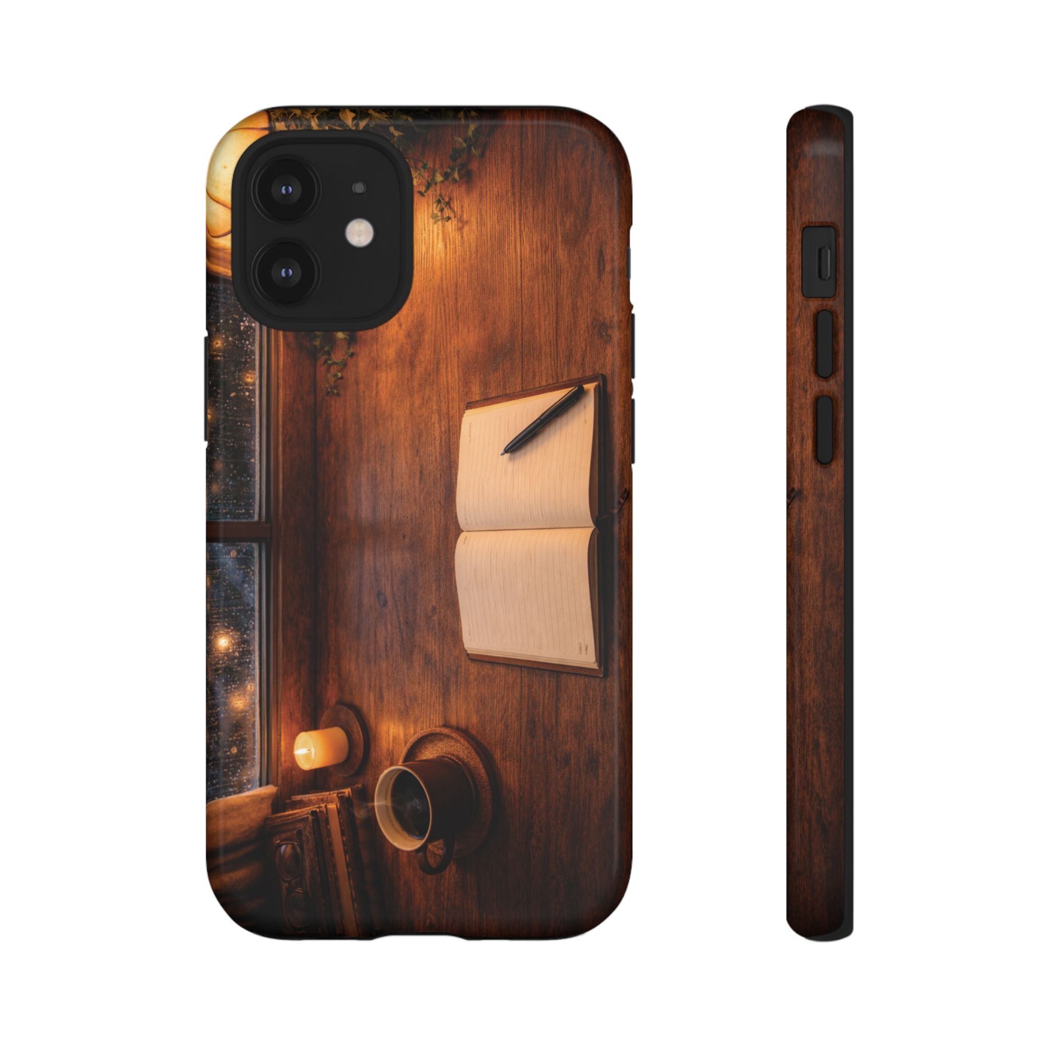 Cozy Writer’s Desk Phone Case — Cozy Notebook & Coffee Woodgrain Design