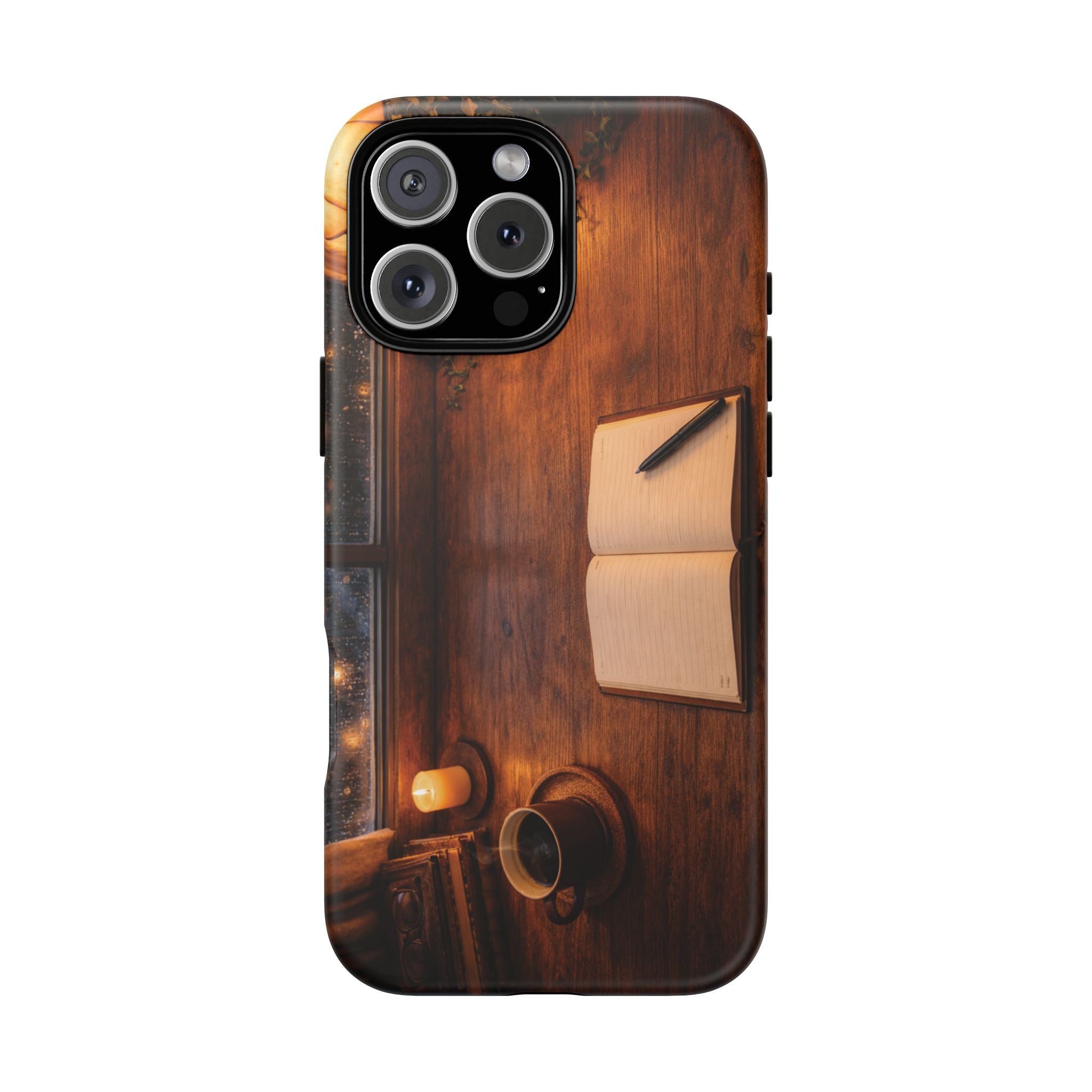 Cozy Writer’s Desk Phone Case — Cozy Notebook & Coffee Woodgrain Design