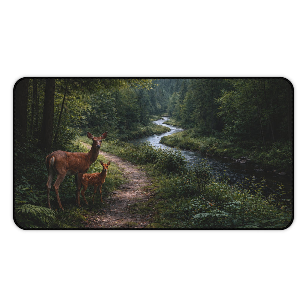 Forest Path Mouse Pad Desk Mat — Deer & Fawn Woodland Scene
