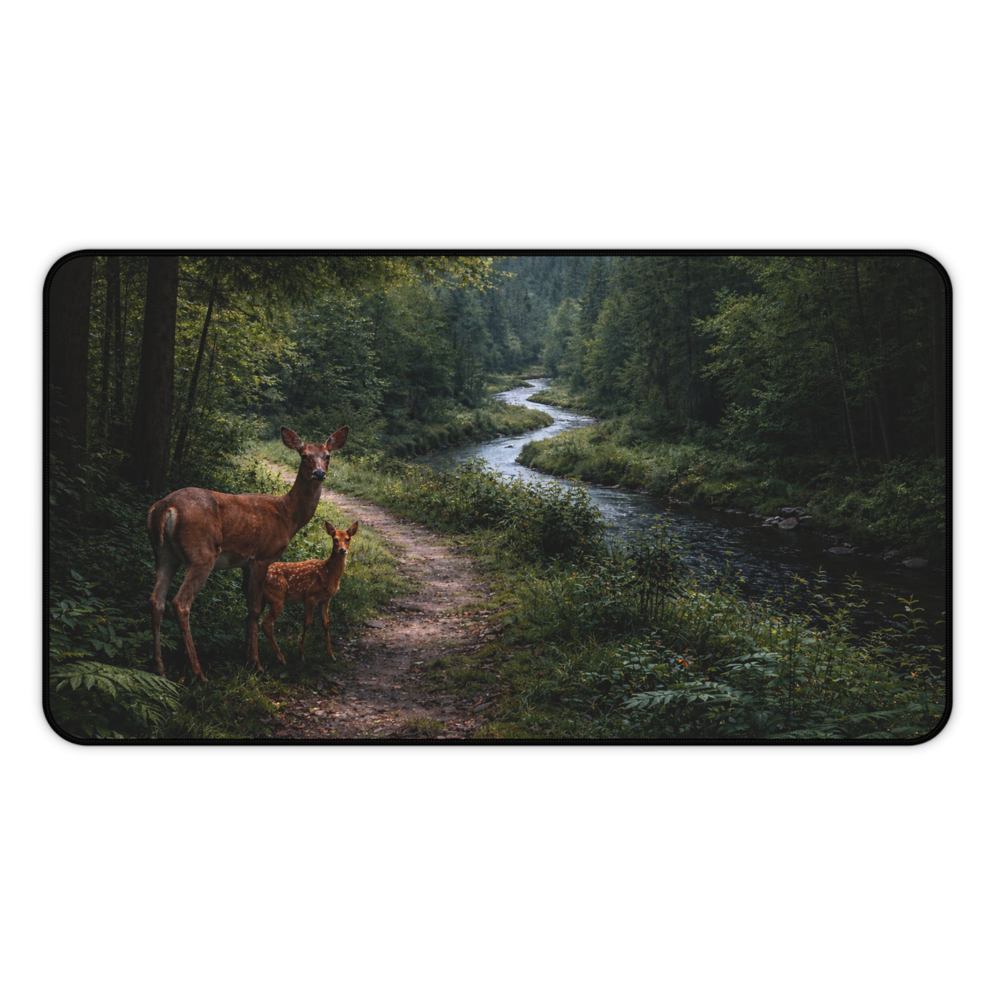 Forest Path Mouse Pad Desk Mat — Deer & Fawn Woodland Scene