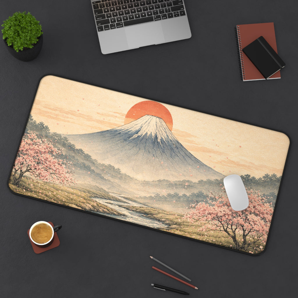Japanese Ukiyo-e Desk Mat — Mountain, Red Sun & Cherry Blossoms