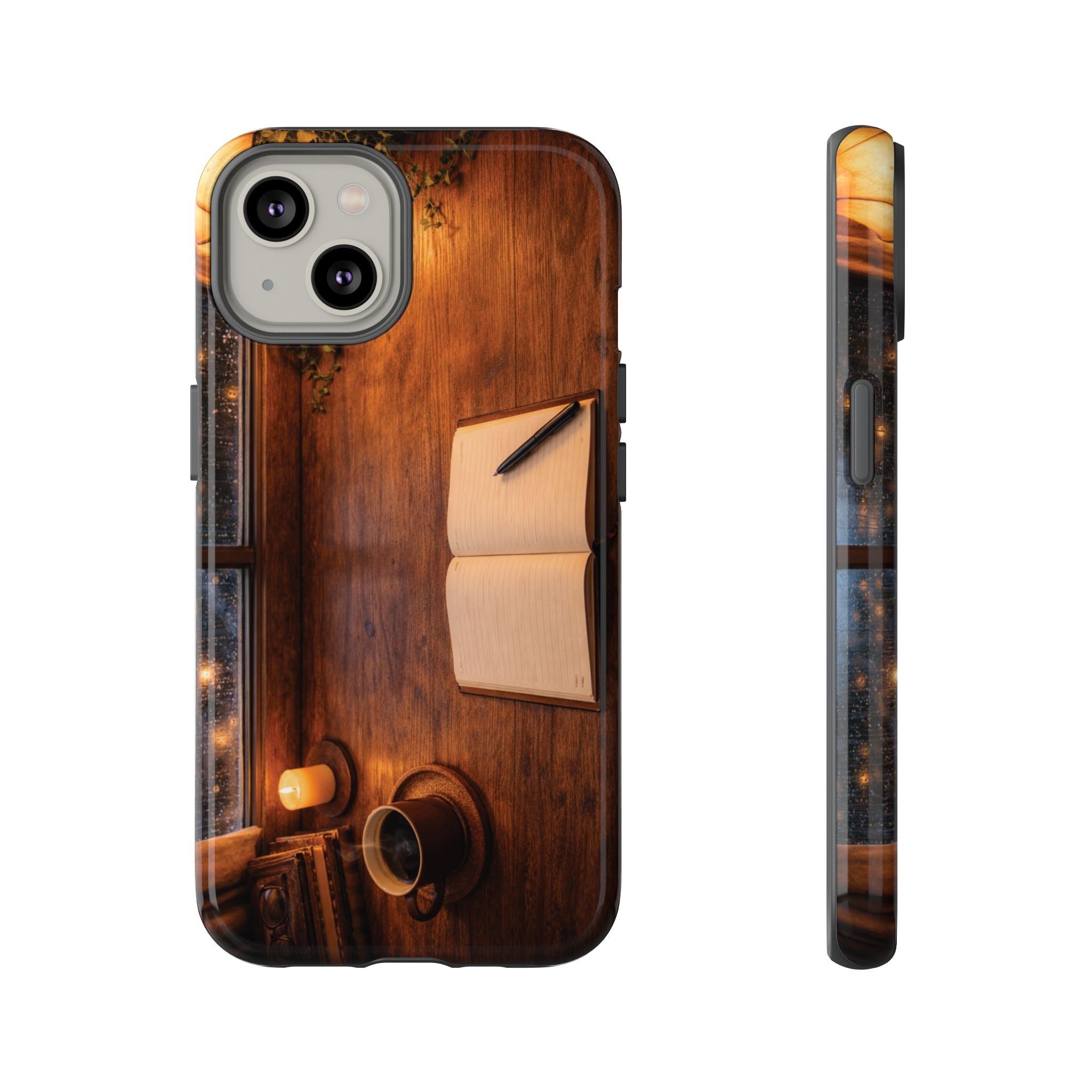 Cozy Writer’s Desk Phone Case — Cozy Notebook & Coffee Woodgrain Design