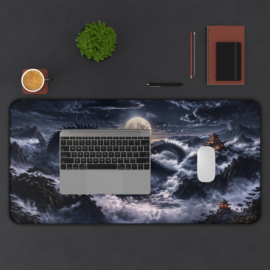 Moonlit Black Dragon Desk Mat XXL, Gaming Mouse Pad | Fantasy Japanese Dark Aesthetic