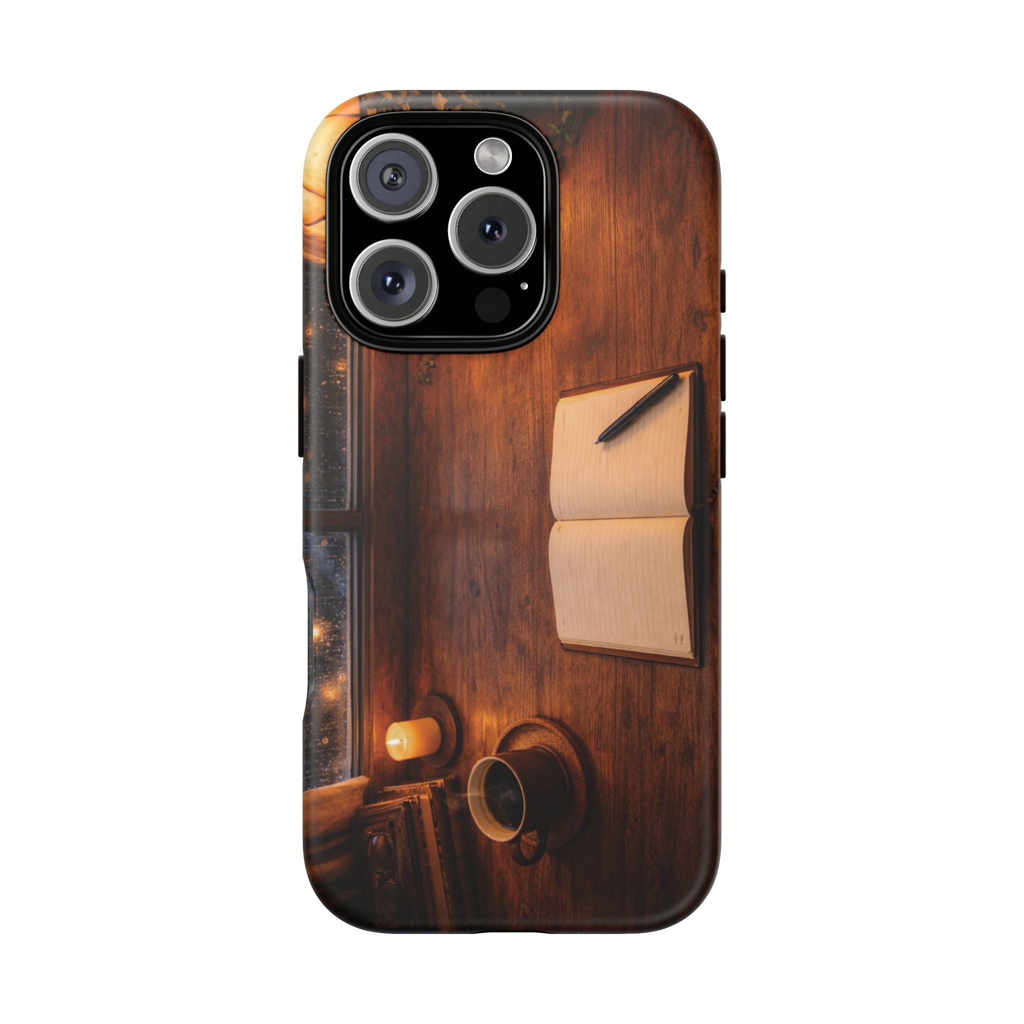 Cozy Writer’s Desk Phone Case — Cozy Notebook & Coffee Woodgrain Design