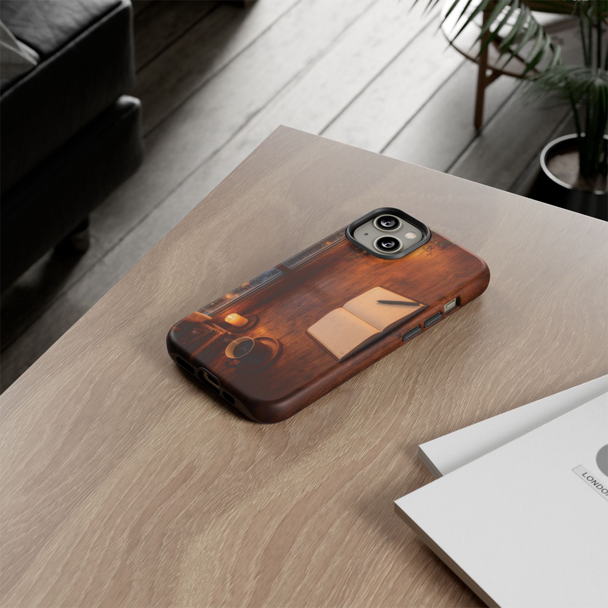 Cozy Writer’s Desk Phone Case — Cozy Notebook & Coffee Woodgrain Design
