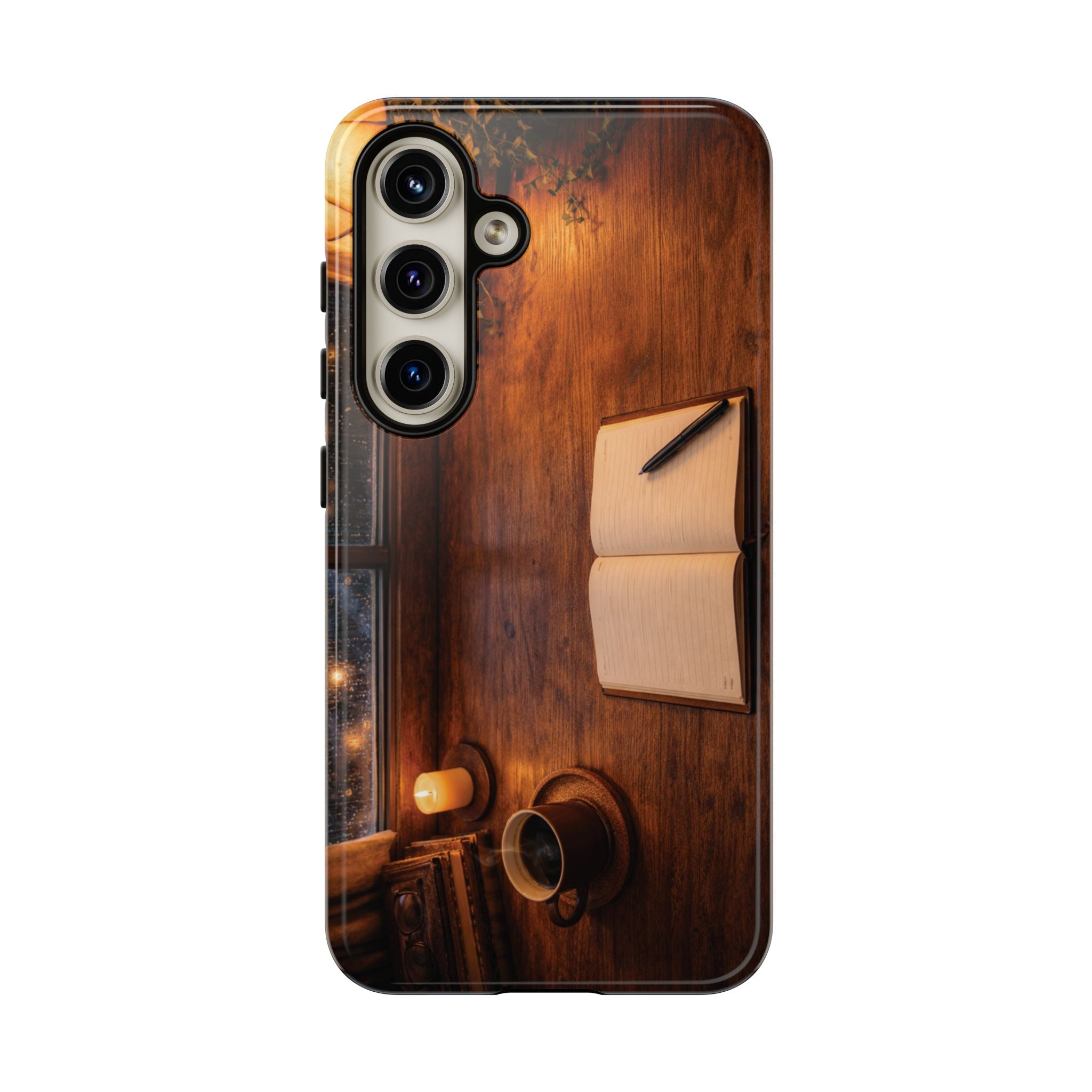 Cozy Writer’s Desk Phone Case — Cozy Notebook & Coffee Woodgrain Design